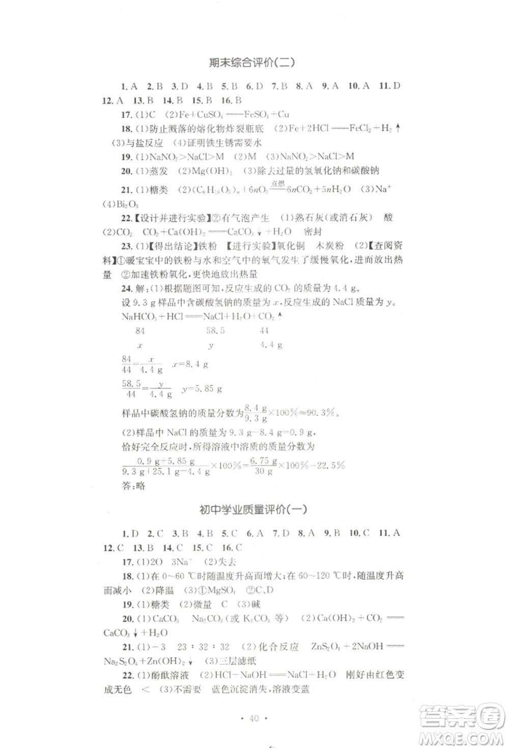 湖南教育出版社2022學科素養(yǎng)與能力提升九年級下冊化學人教版參考答案