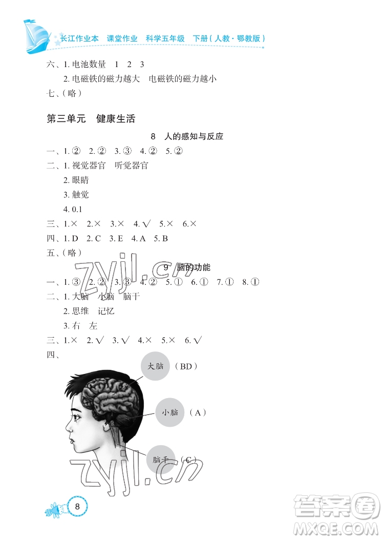 湖北教育出版社2022長江作業(yè)本課堂作業(yè)科學(xué)五年級下冊鄂教版答案