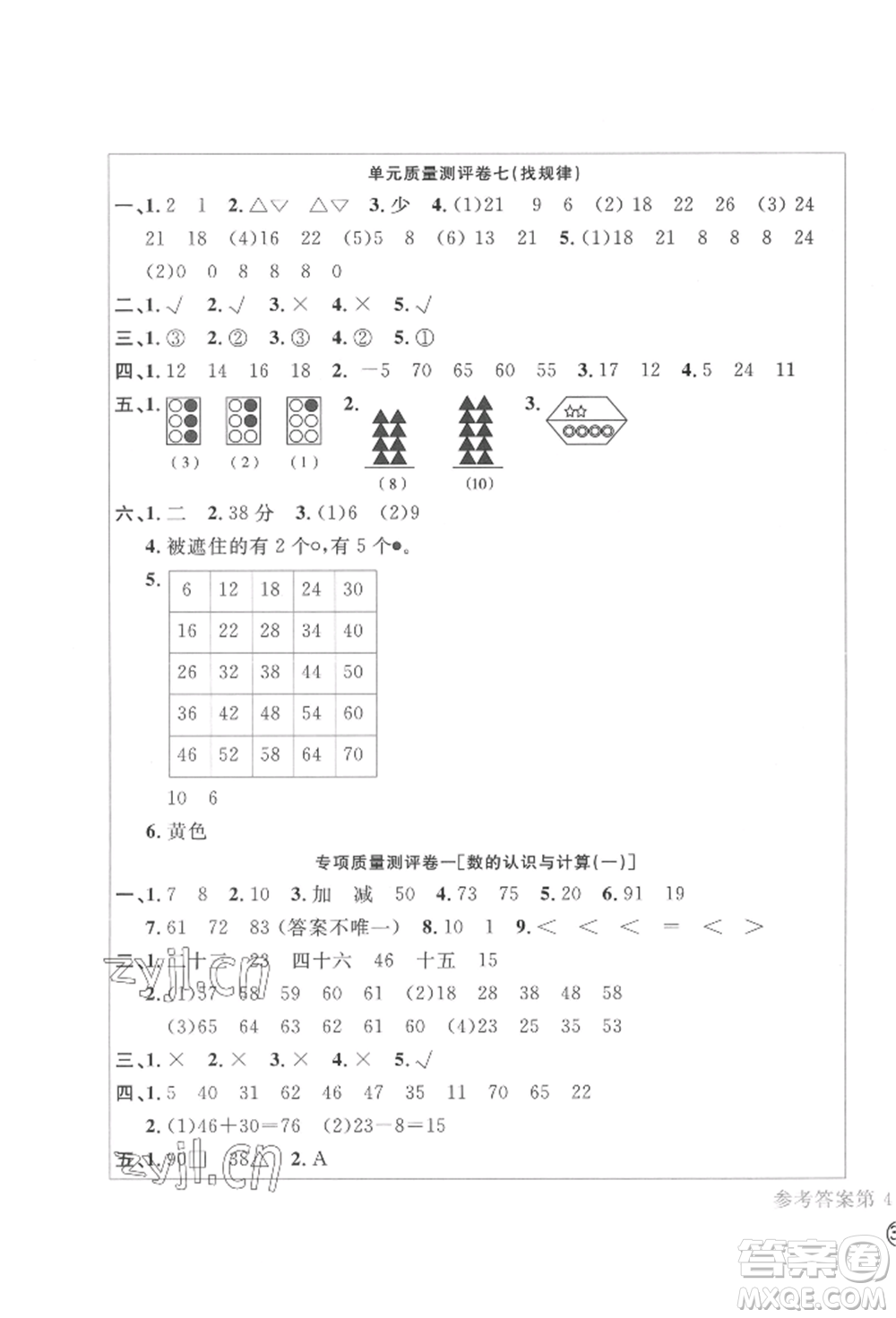 四川辭書出版社2022學(xué)科素養(yǎng)質(zhì)量測評卷一年級下冊數(shù)學(xué)人教版參考答案