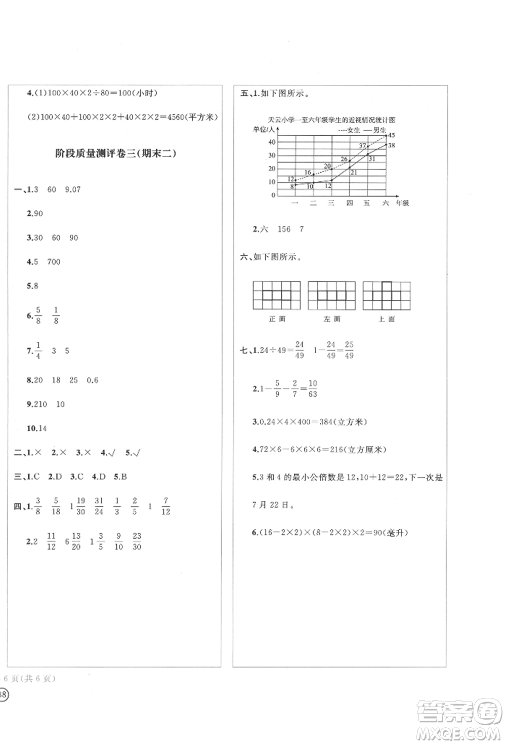 四川辭書(shū)出版社2022學(xué)科素養(yǎng)質(zhì)量測(cè)評(píng)卷五年級(jí)下冊(cè)數(shù)學(xué)人教版參考答案