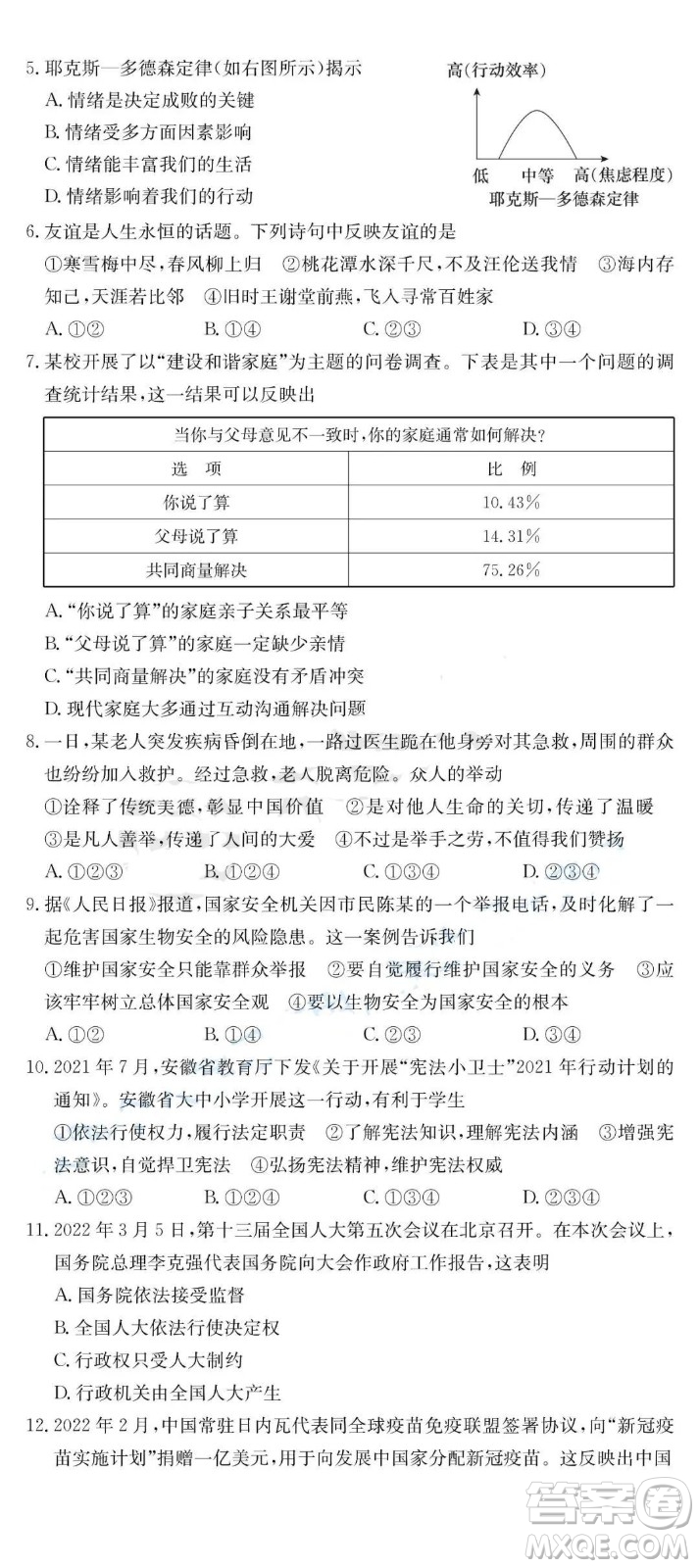 2022年安徽省初中學業(yè)水平考試道德與法治試題及答案