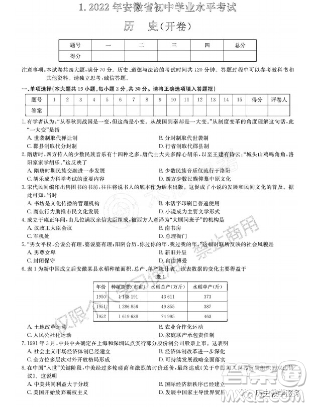 2022年安徽省初中學(xué)業(yè)水平考試歷史試題及答案