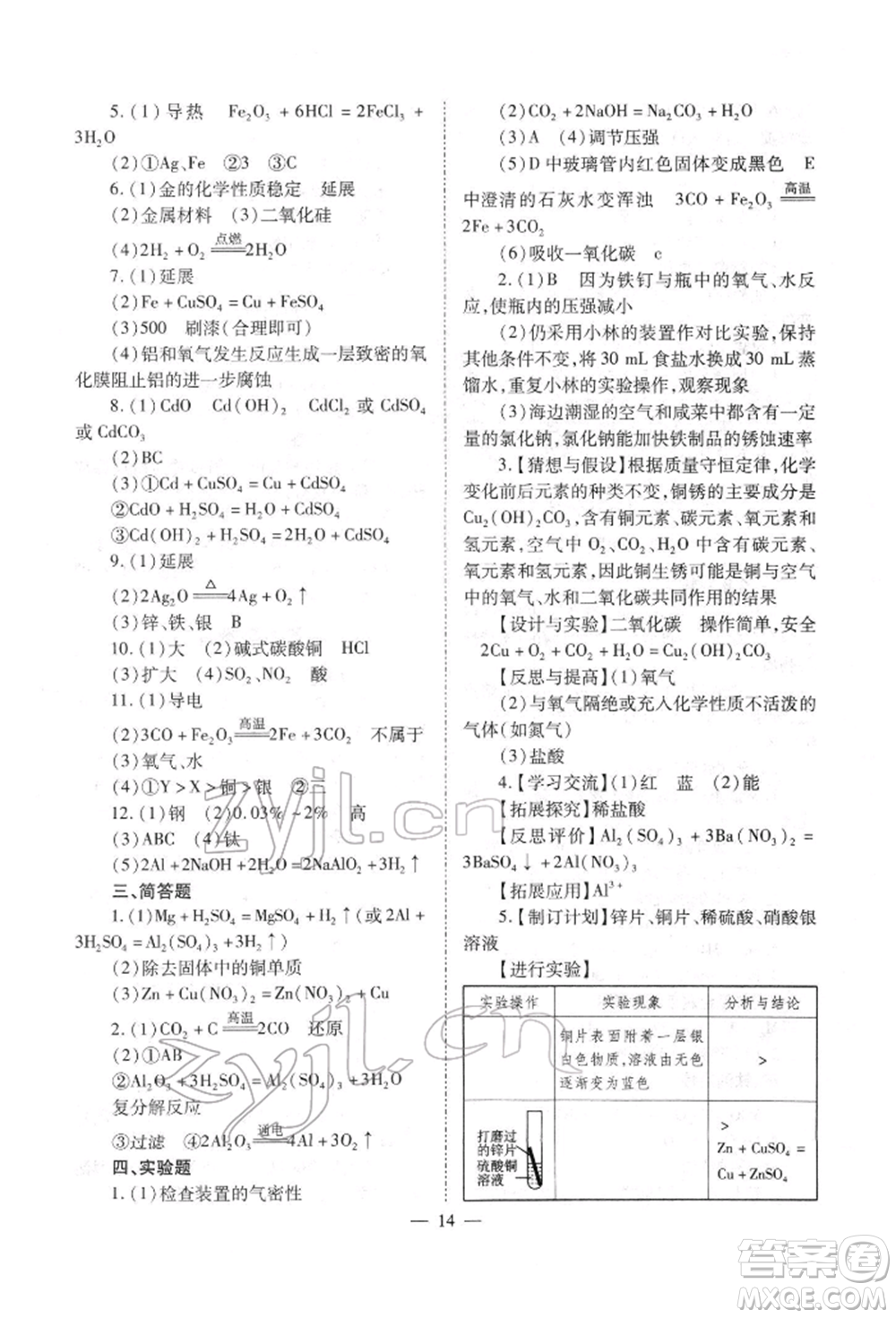 山西教育出版社2022中考備戰(zhàn)策略化學(xué)通用版參考答案