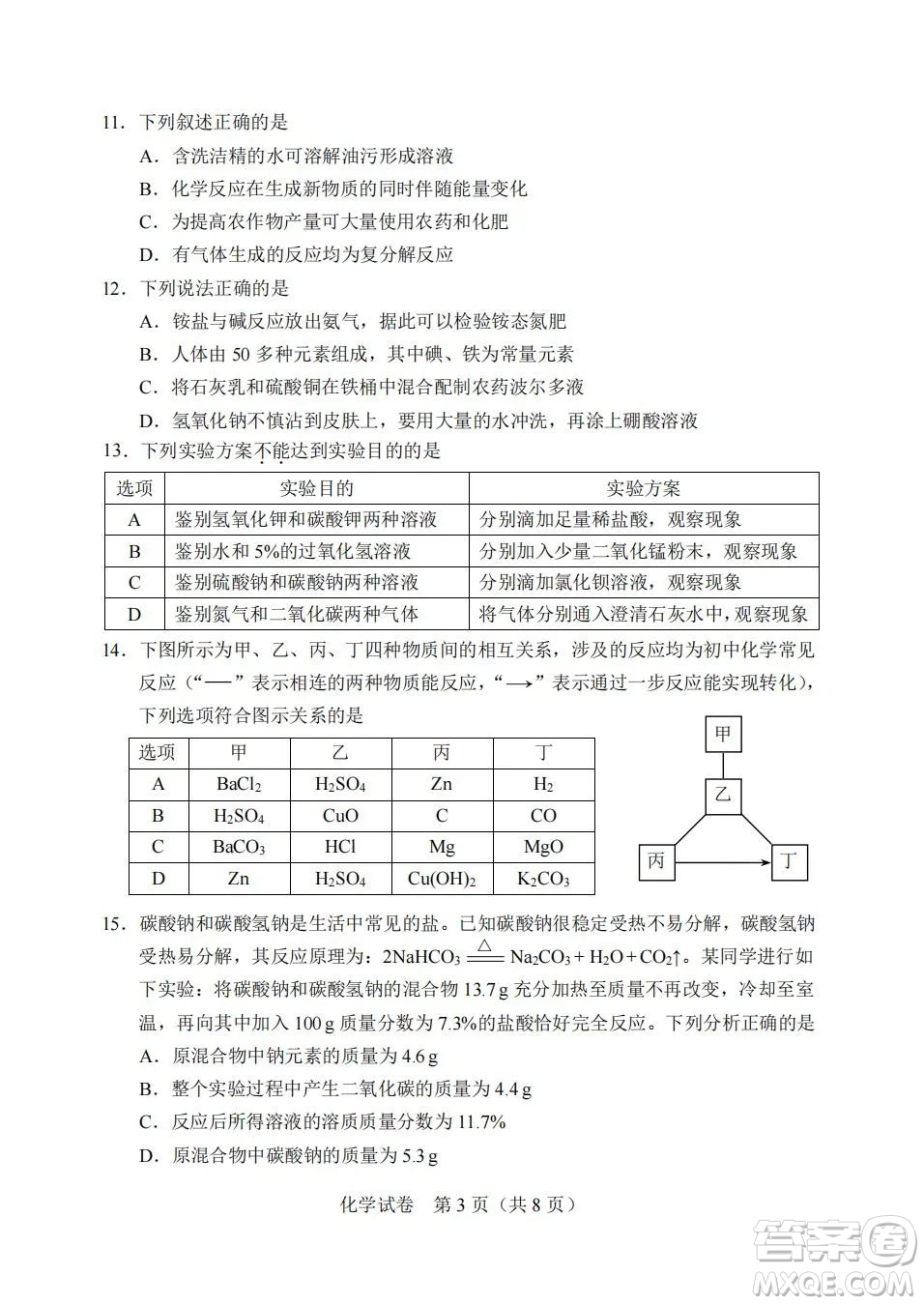 2022年天津市初中學(xué)業(yè)水平考試化學(xué)試題及答案