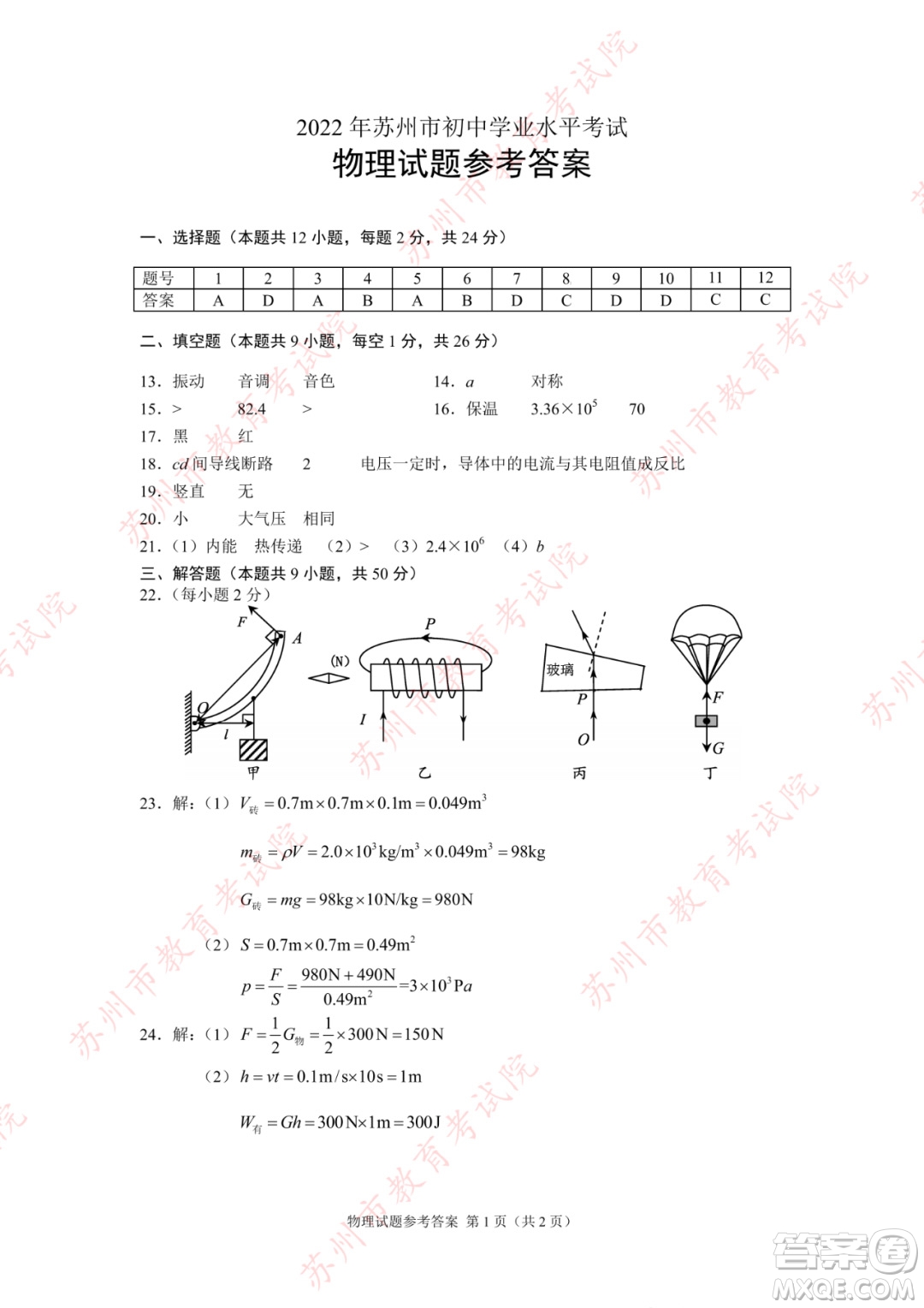 2022年蘇州市初中學(xué)業(yè)水平考試物理試卷及答案