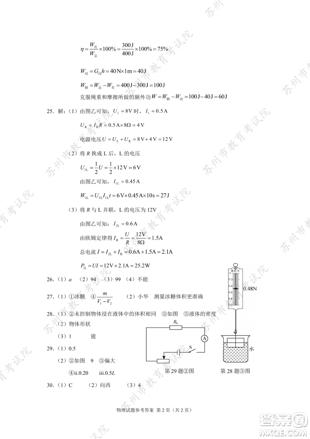 2022年蘇州市初中學(xué)業(yè)水平考試物理試卷及答案