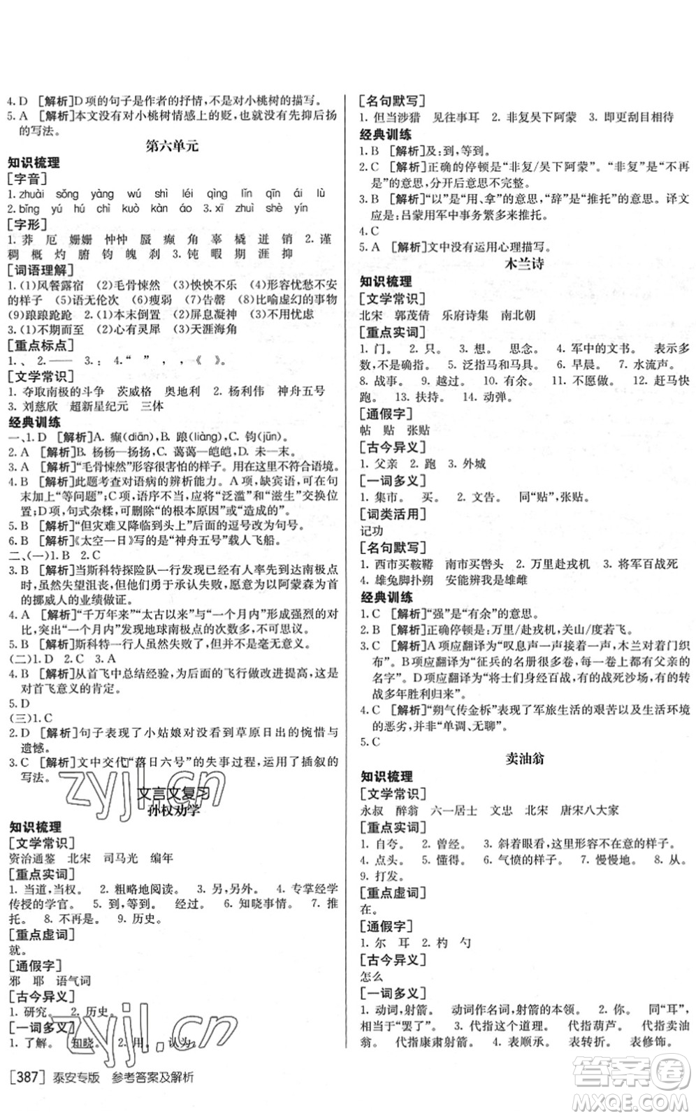 新疆青少年出版社2022升學(xué)錦囊九年級語文泰安專版答案