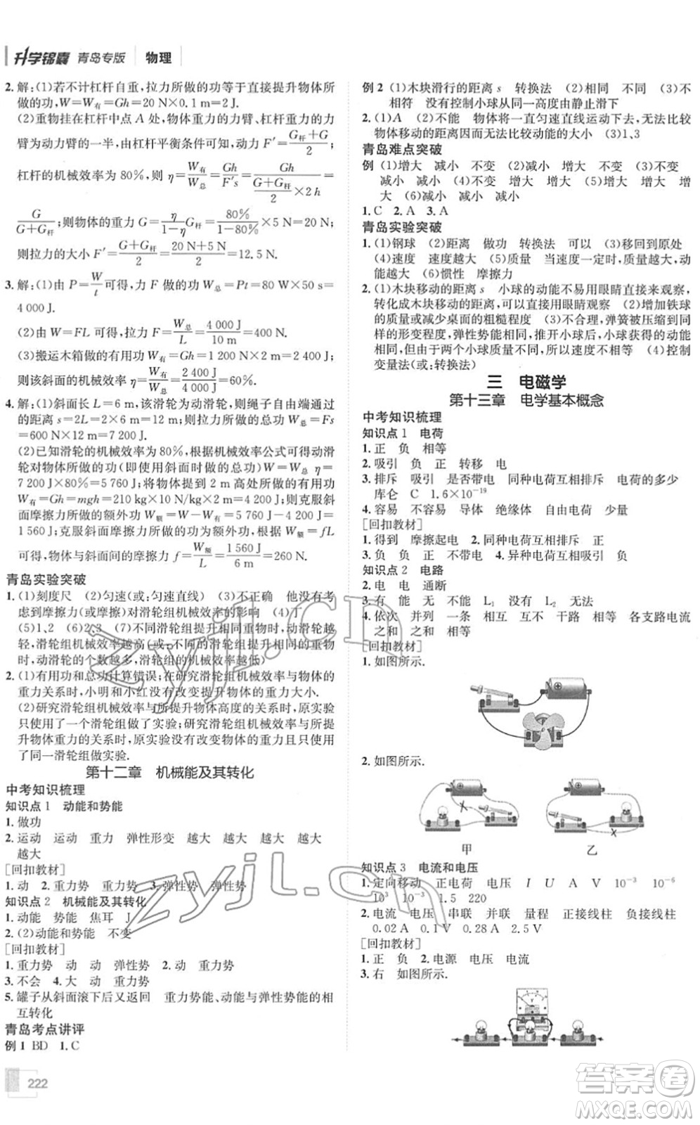 新疆青少年出版社2022升學(xué)錦囊九年級(jí)物理青島專版答案