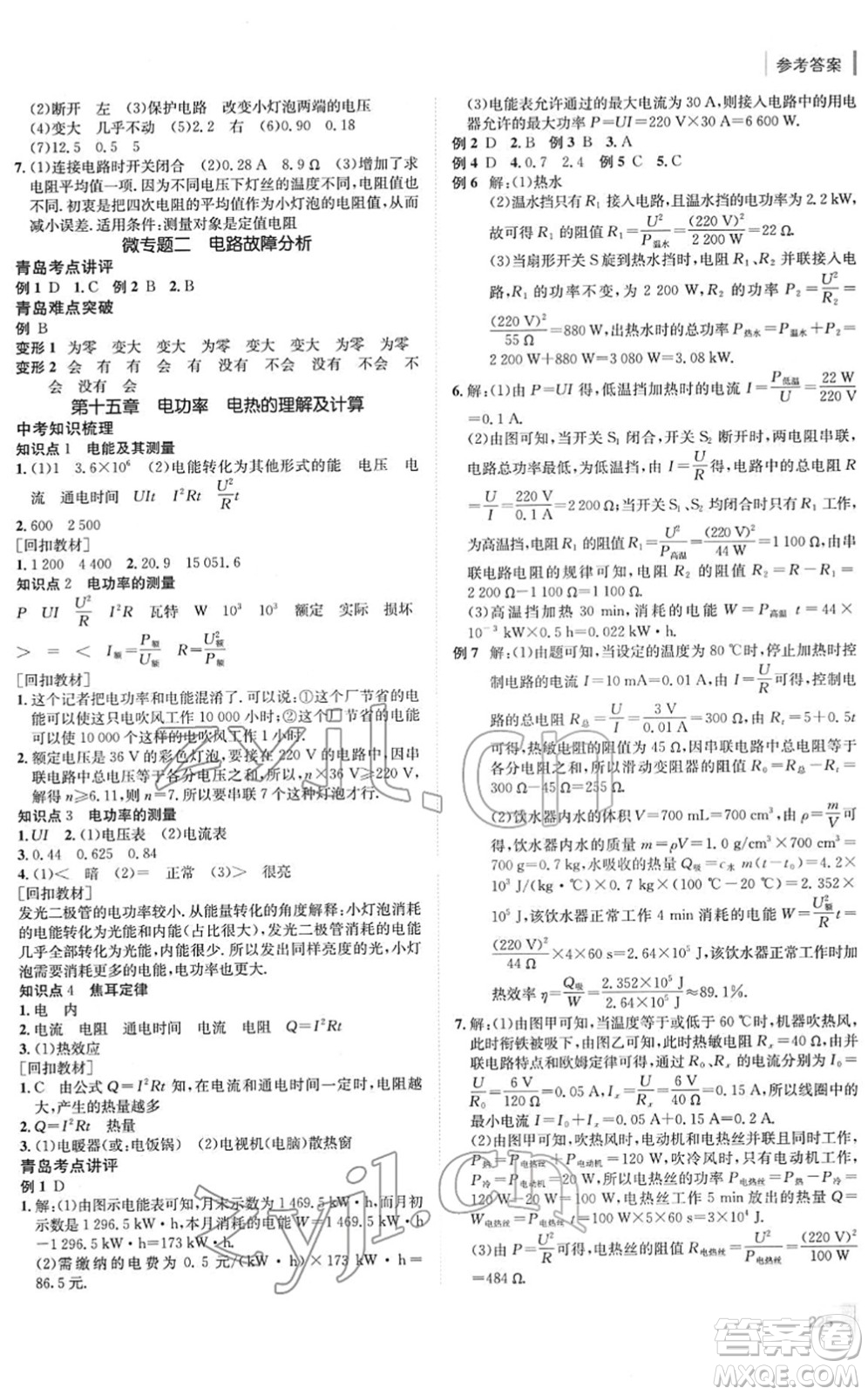 新疆青少年出版社2022升學(xué)錦囊九年級(jí)物理青島專版答案