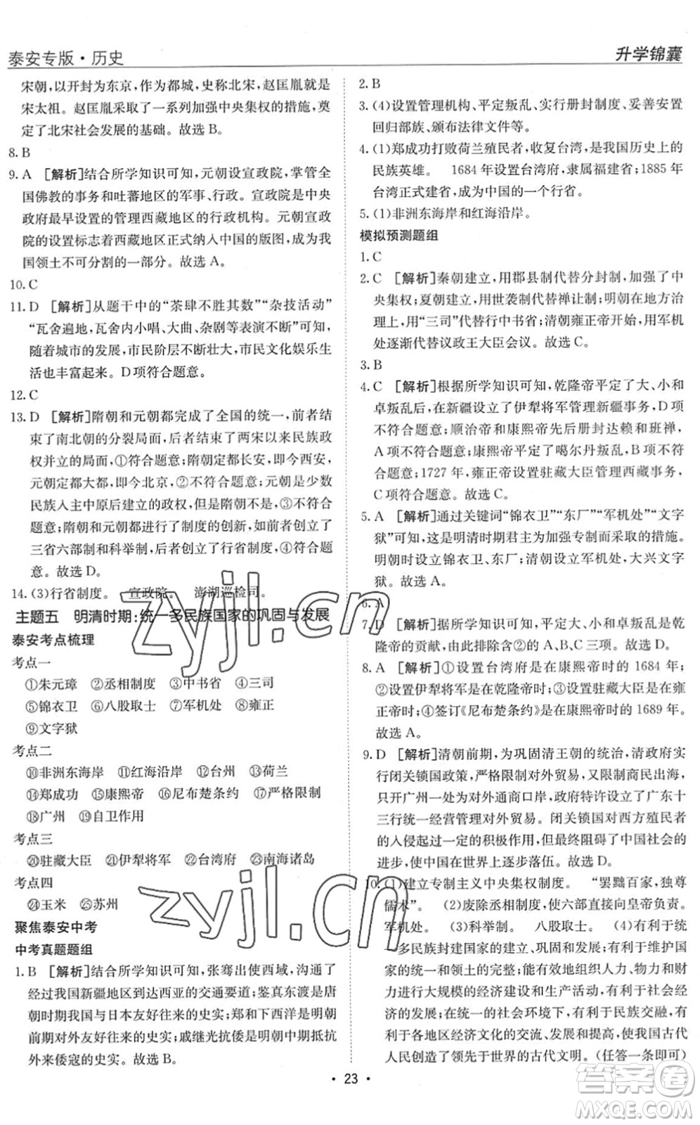 新疆青少年出版社2022升學(xué)錦囊九年級(jí)歷史泰安專(zhuān)版答案