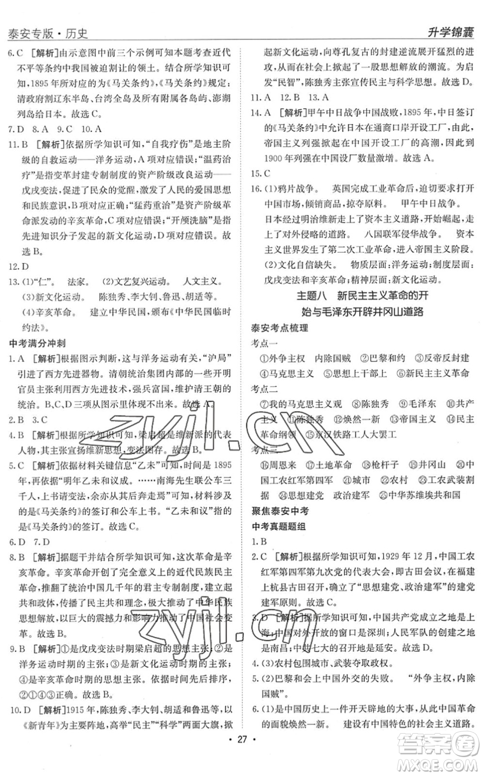 新疆青少年出版社2022升學(xué)錦囊九年級(jí)歷史泰安專(zhuān)版答案