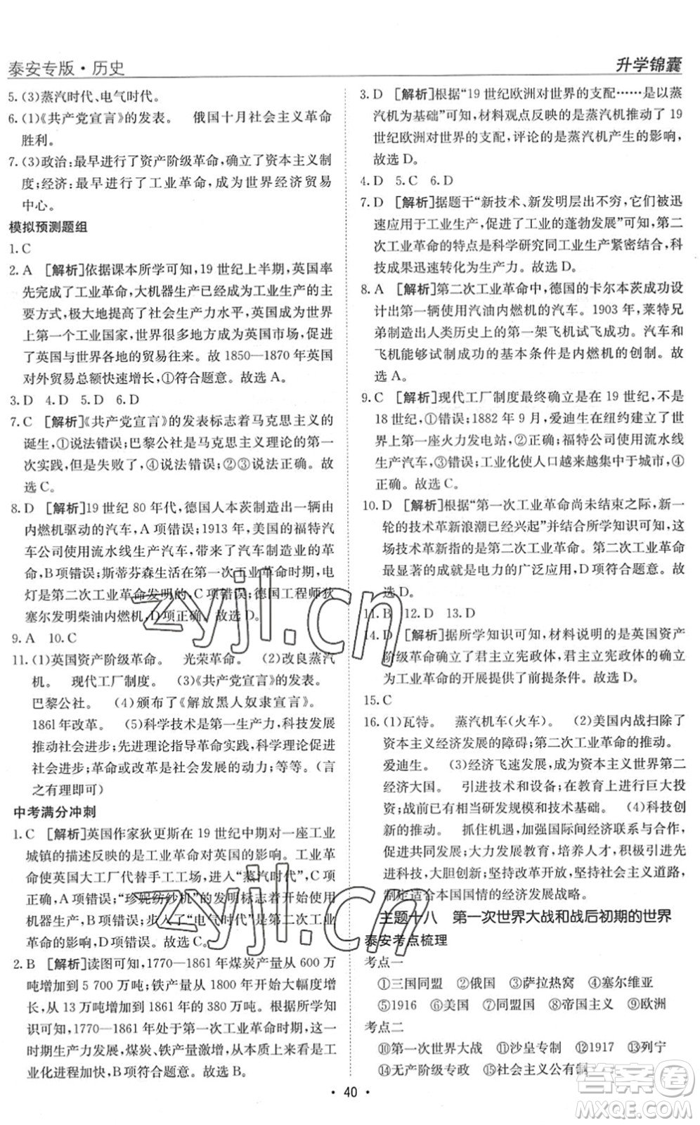 新疆青少年出版社2022升學(xué)錦囊九年級(jí)歷史泰安專(zhuān)版答案