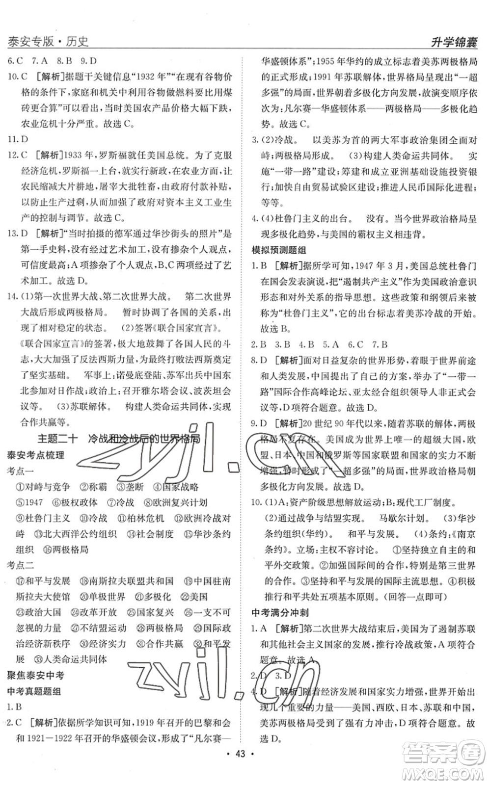 新疆青少年出版社2022升學(xué)錦囊九年級(jí)歷史泰安專(zhuān)版答案