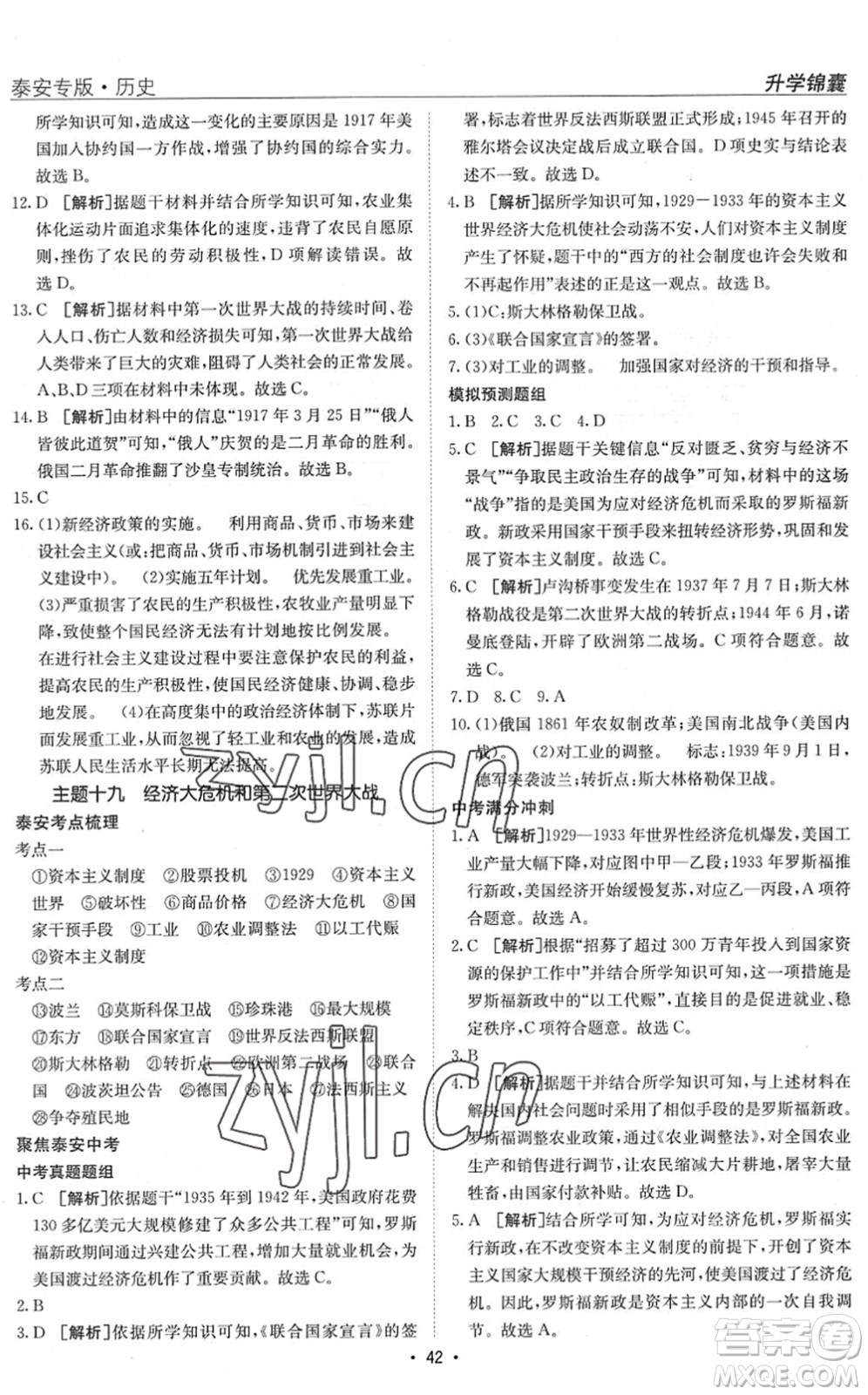 新疆青少年出版社2022升學(xué)錦囊九年級(jí)歷史泰安專(zhuān)版答案