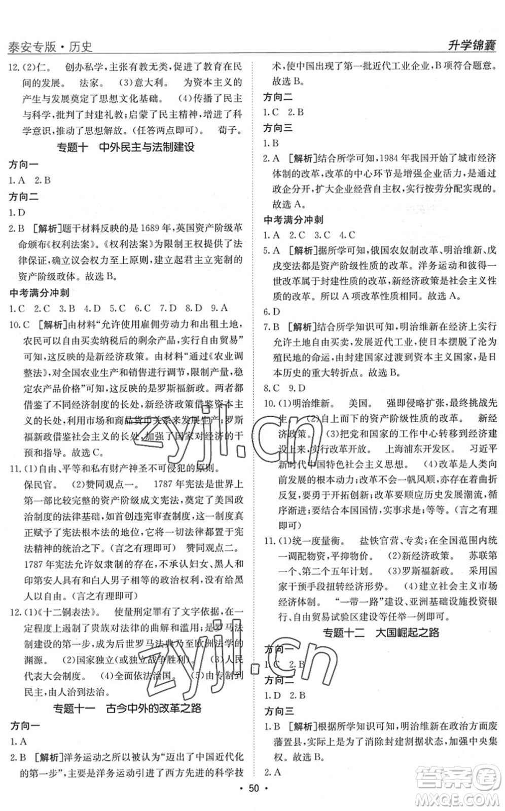 新疆青少年出版社2022升學(xué)錦囊九年級(jí)歷史泰安專(zhuān)版答案