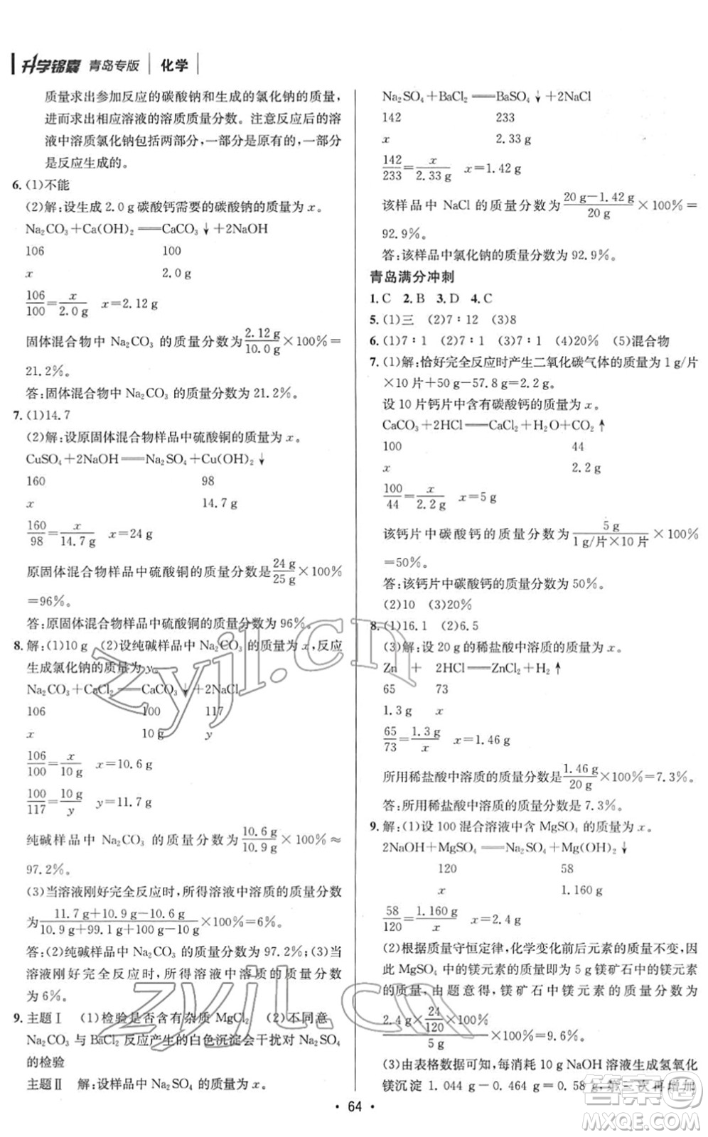 新疆青少年出版社2022升學(xué)錦囊九年級化學(xué)青島專版答案