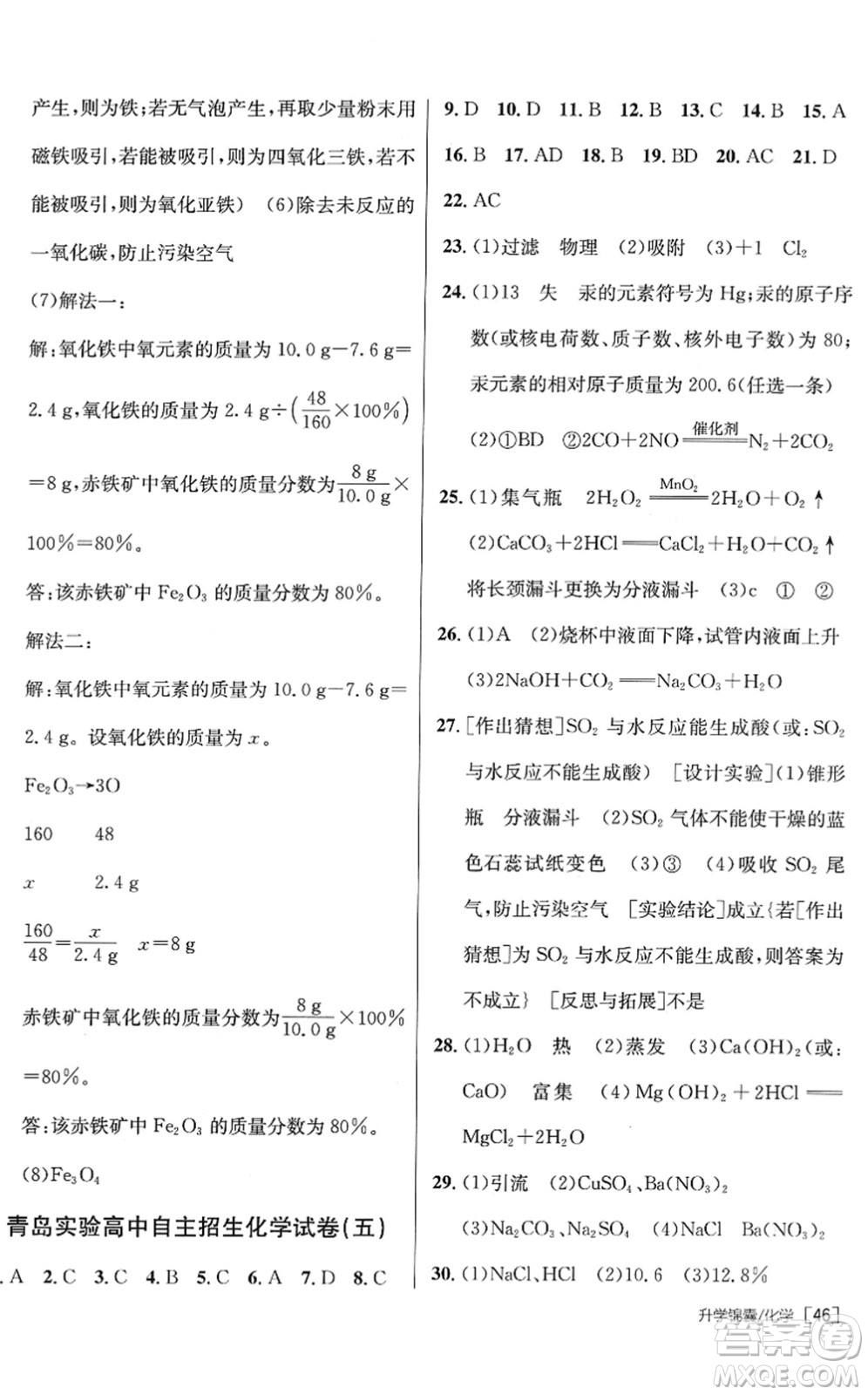 新疆青少年出版社2022升學(xué)錦囊九年級化學(xué)青島專版答案