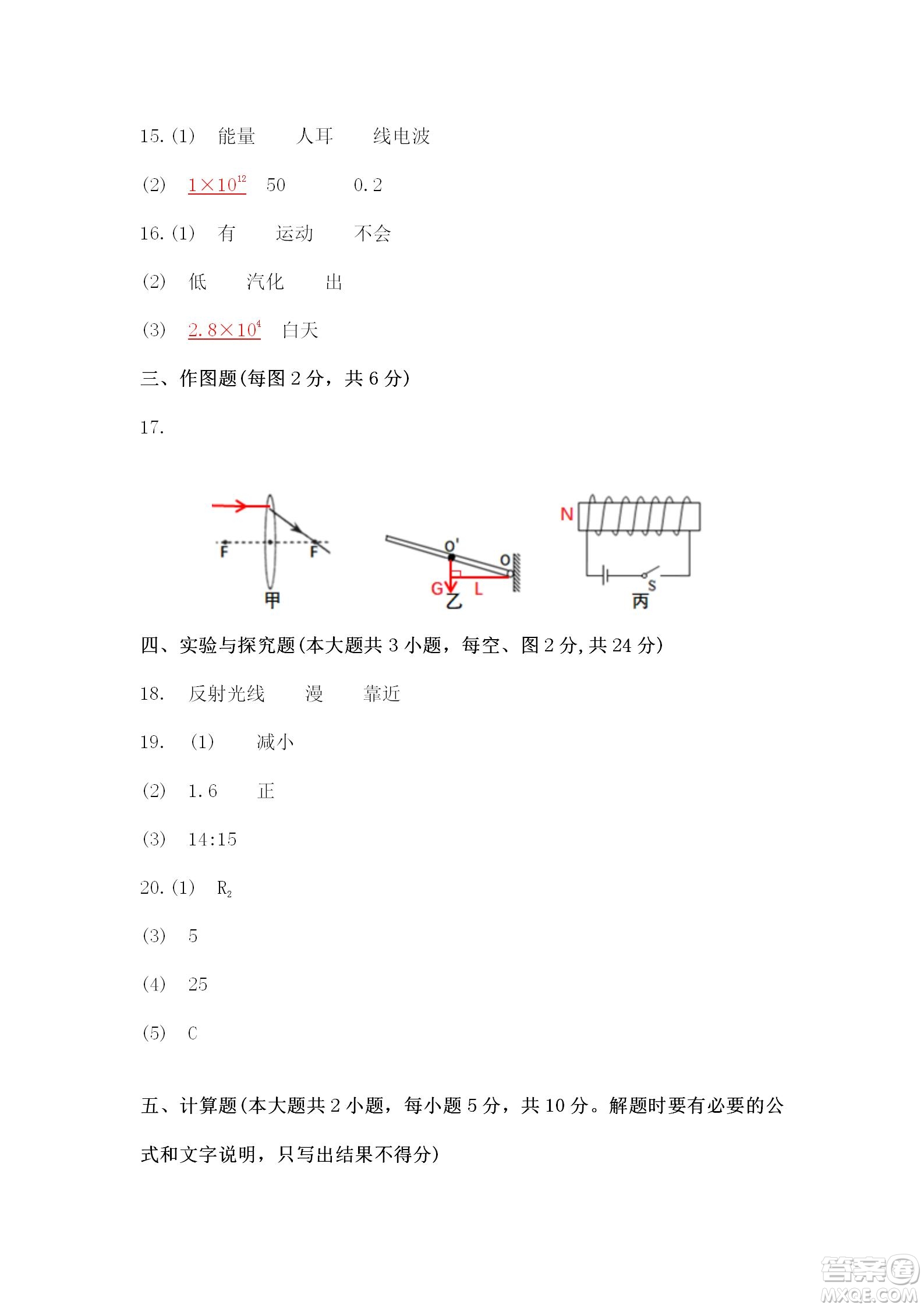 2022年初新疆維吾爾自治區(qū)初中學(xué)業(yè)水平考試物理試卷答案