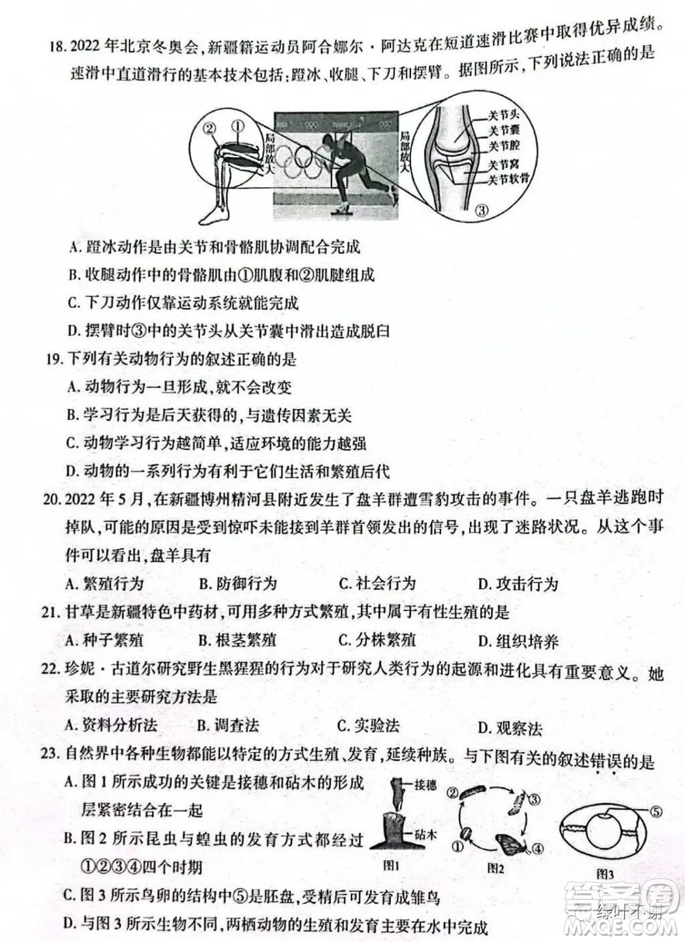 新疆維吾爾自治區(qū)新疆生產(chǎn)建設(shè)兵團(tuán)2022年初中學(xué)業(yè)水平考試生物試題卷及答案