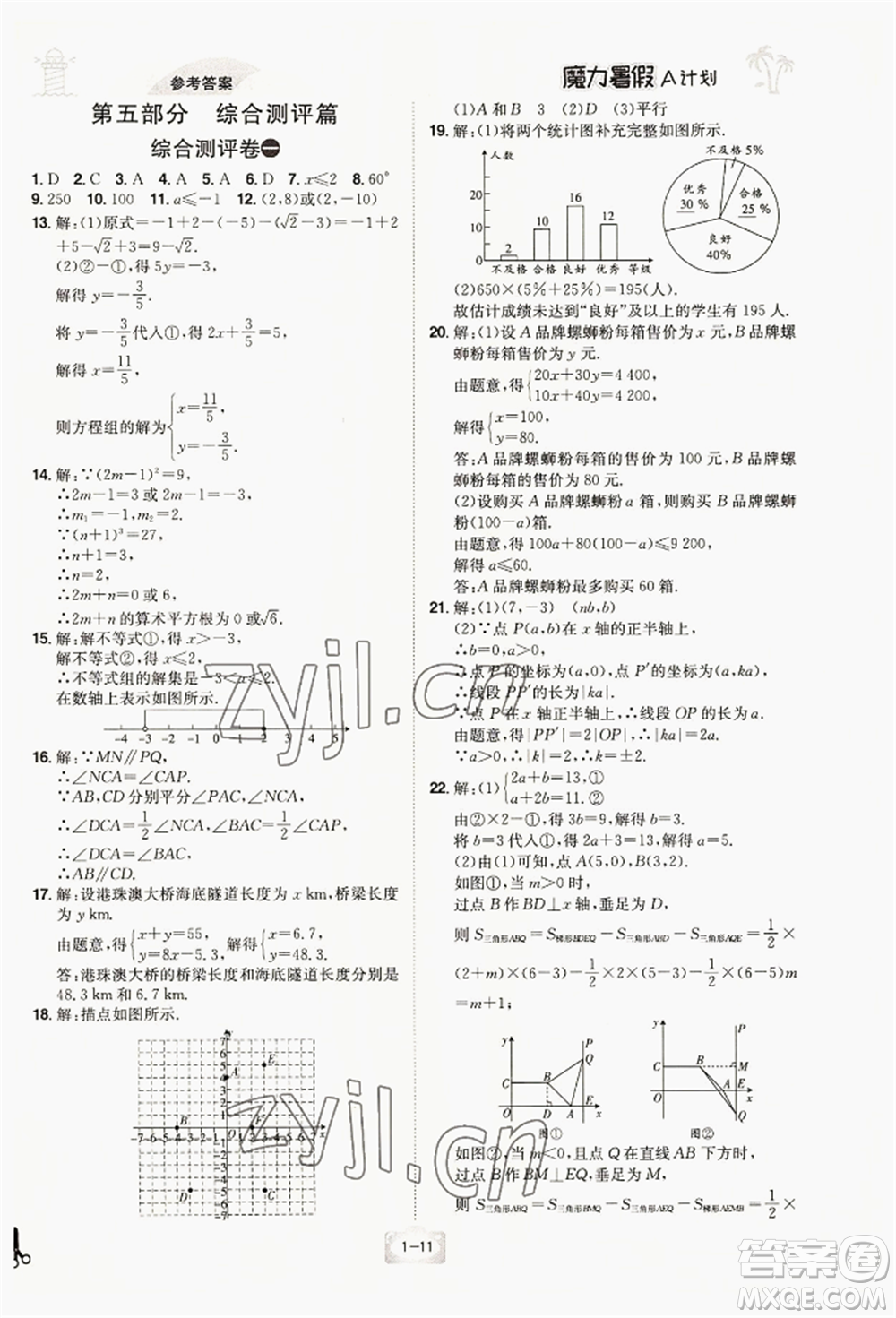 江西美術出版社2022魔力暑假A計劃七年級數(shù)學人教版參考答案