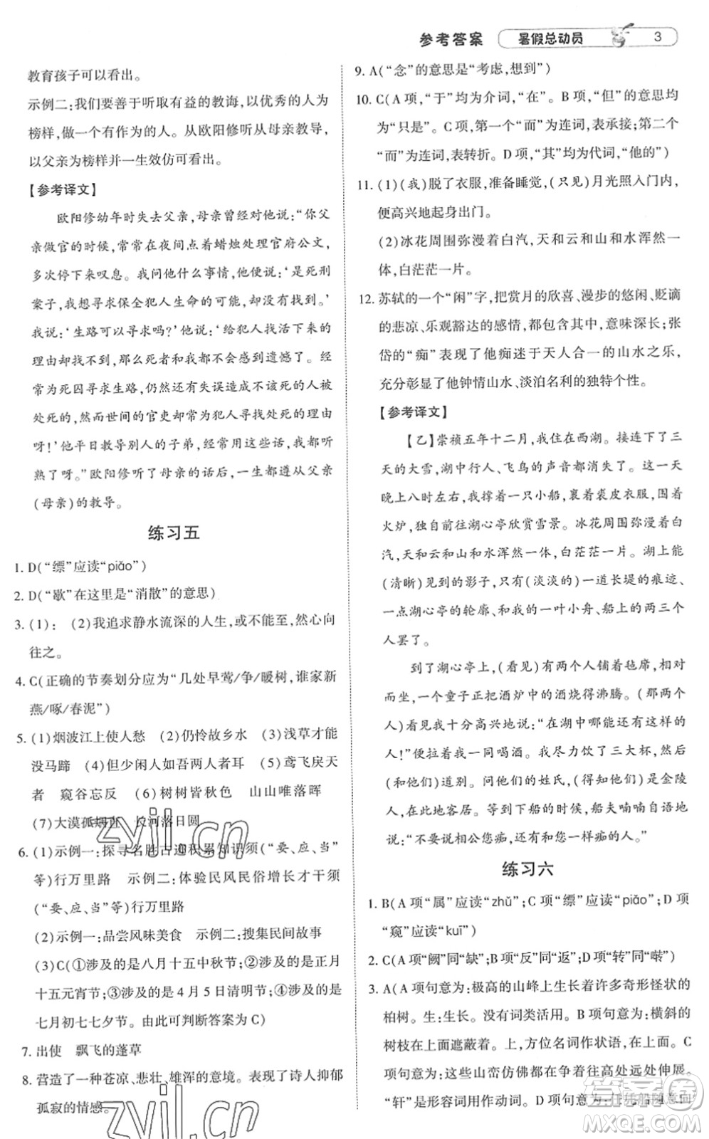 寧夏人民教育出版社2022經(jīng)綸學(xué)典暑假總動(dòng)員八年級(jí)語(yǔ)文人教版答案