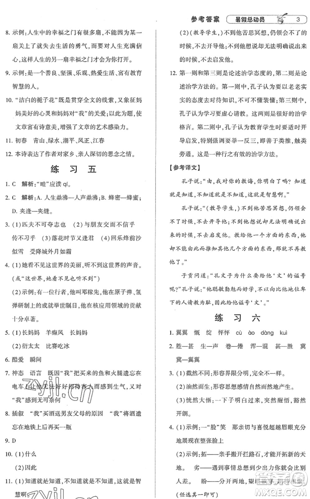 寧夏人民教育出版社2022經(jīng)綸學典暑假總動員七年級語文人教版答案