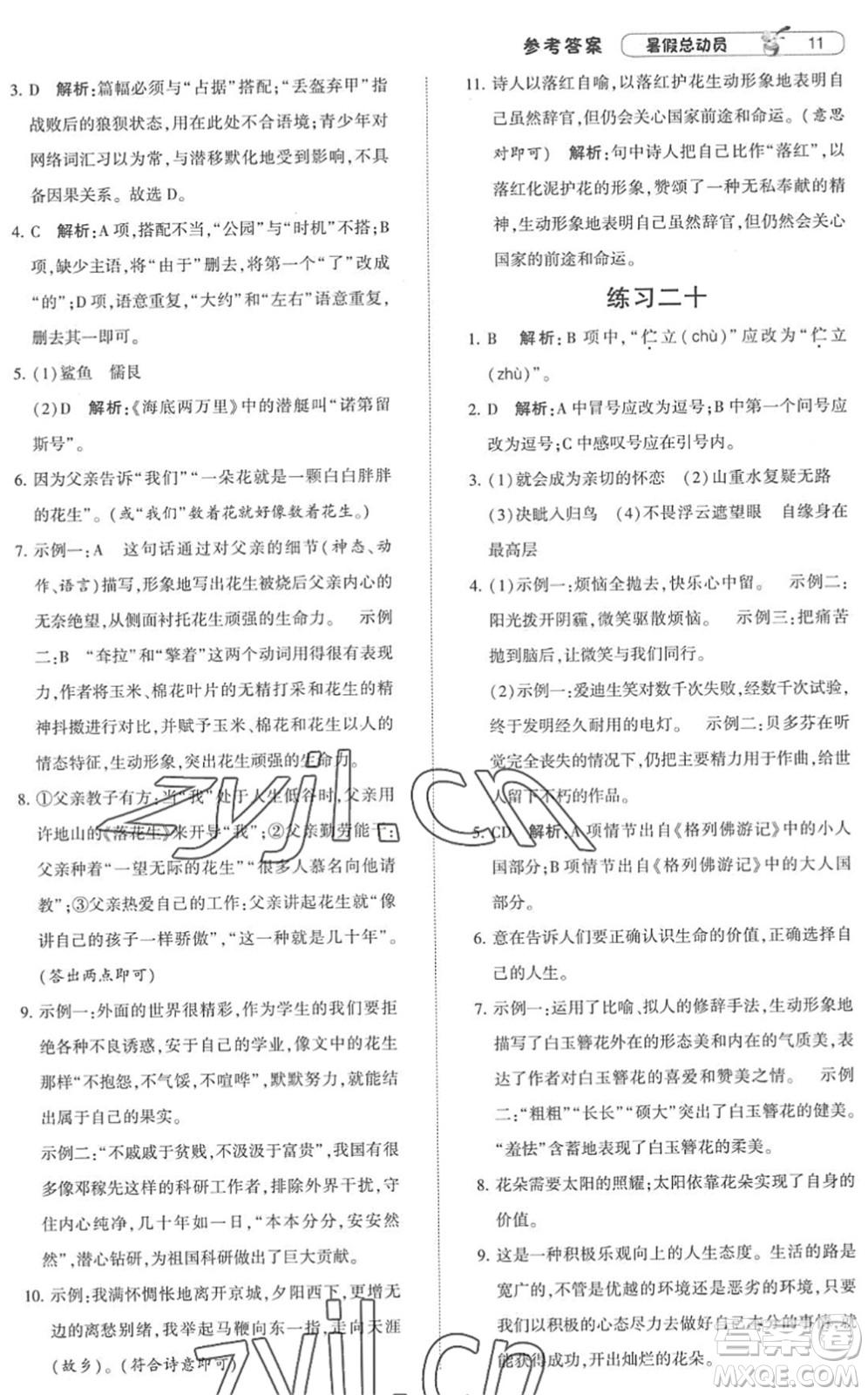 寧夏人民教育出版社2022經(jīng)綸學典暑假總動員七年級語文人教版答案