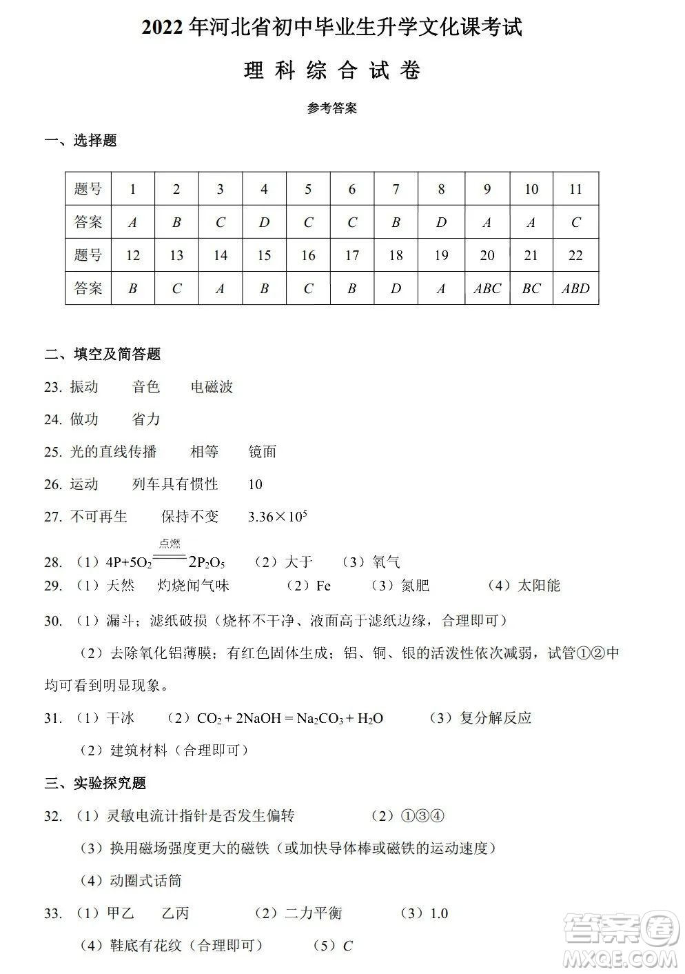 2022年河北省初中畢業(yè)生升學(xué)文化課考試?yán)砜凭C合試卷及答案