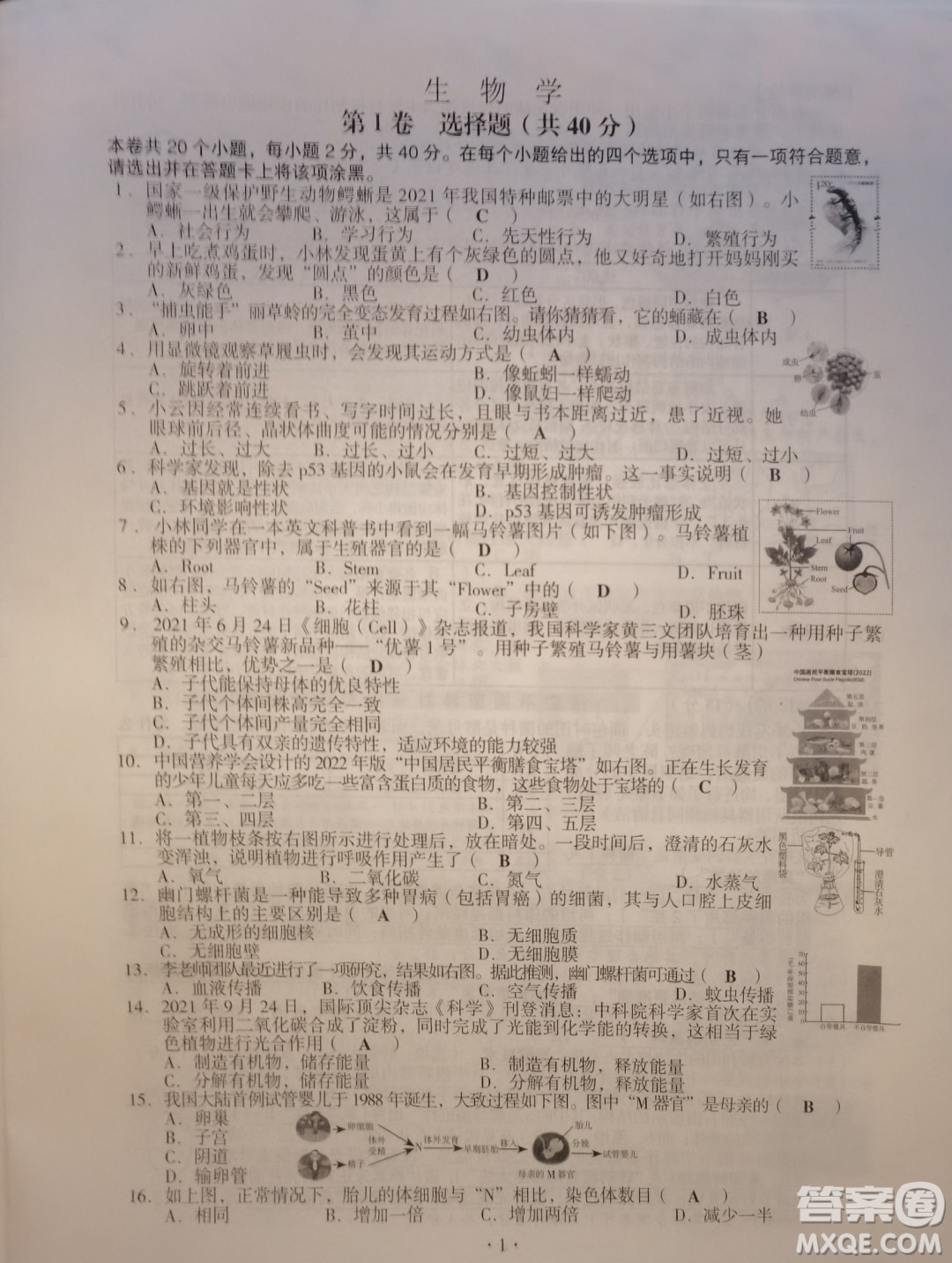 2022年山西中考真題晉中版生物學(xué)試題及答案