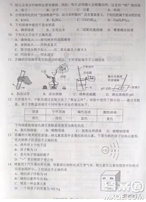 2022年云南省初中學(xué)業(yè)水平考試化學(xué)試題卷及答案