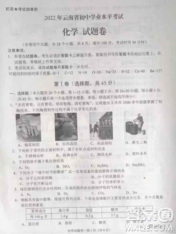 2022年云南省初中學(xué)業(yè)水平考試化學(xué)試題卷及答案