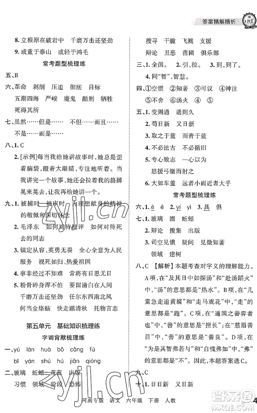 江西人民出版社2022王朝霞各地期末試卷精選六年級(jí)語文下冊(cè)人教版河南專版答案