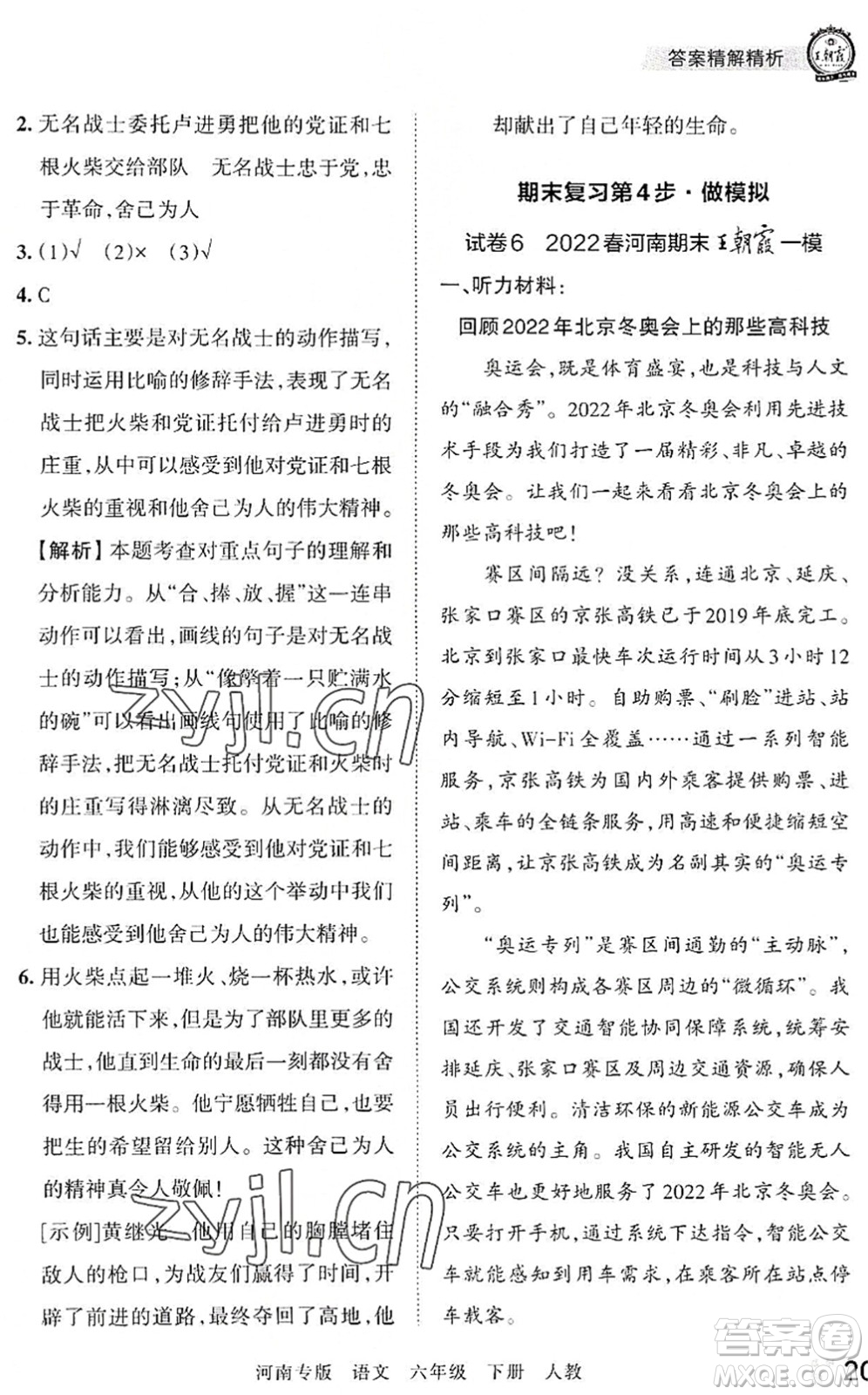 江西人民出版社2022王朝霞各地期末試卷精選六年級(jí)語文下冊(cè)人教版河南專版答案