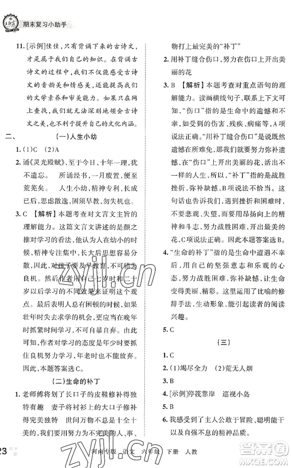 江西人民出版社2022王朝霞各地期末試卷精選六年級(jí)語文下冊(cè)人教版河南專版答案