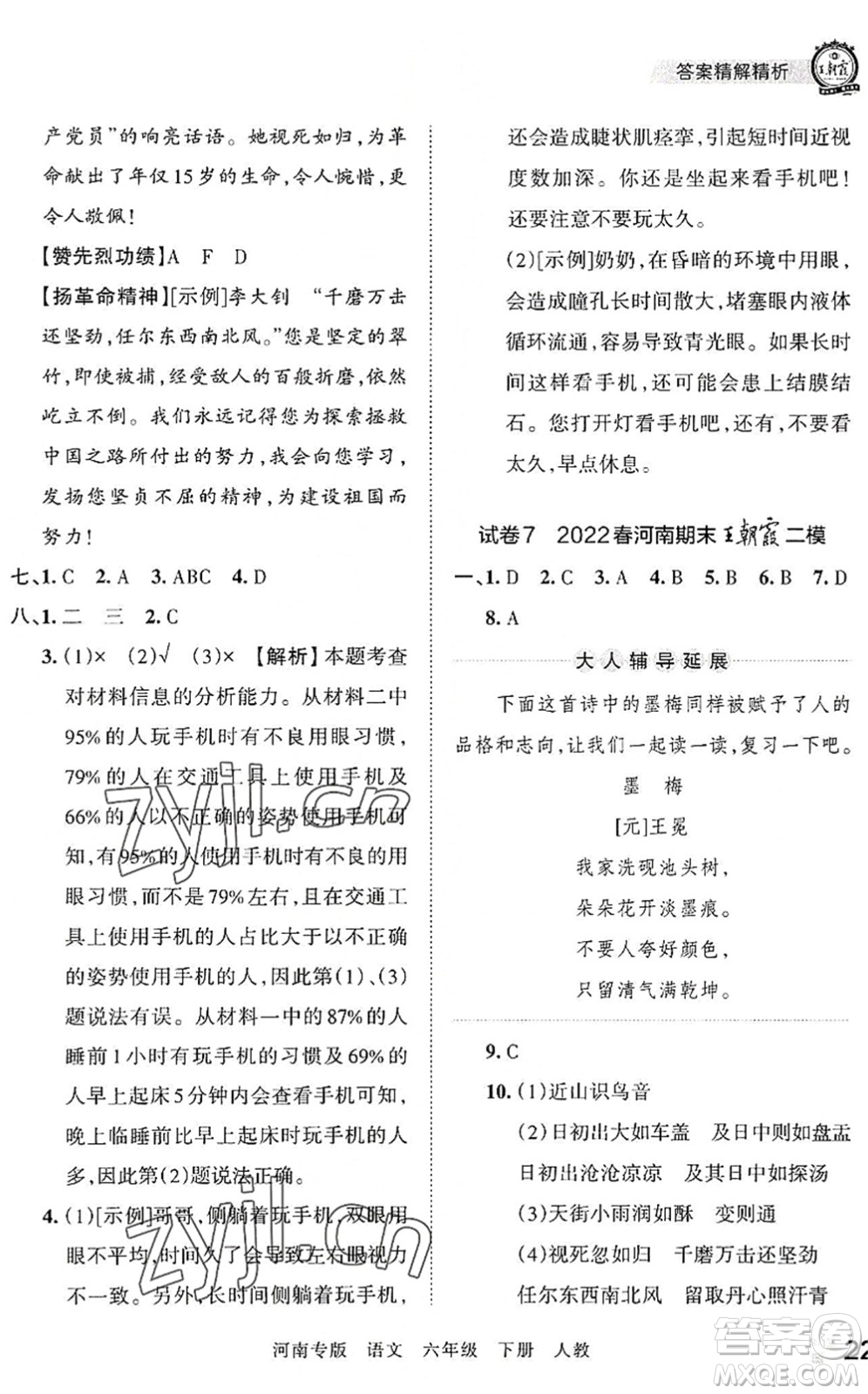 江西人民出版社2022王朝霞各地期末試卷精選六年級(jí)語文下冊(cè)人教版河南專版答案