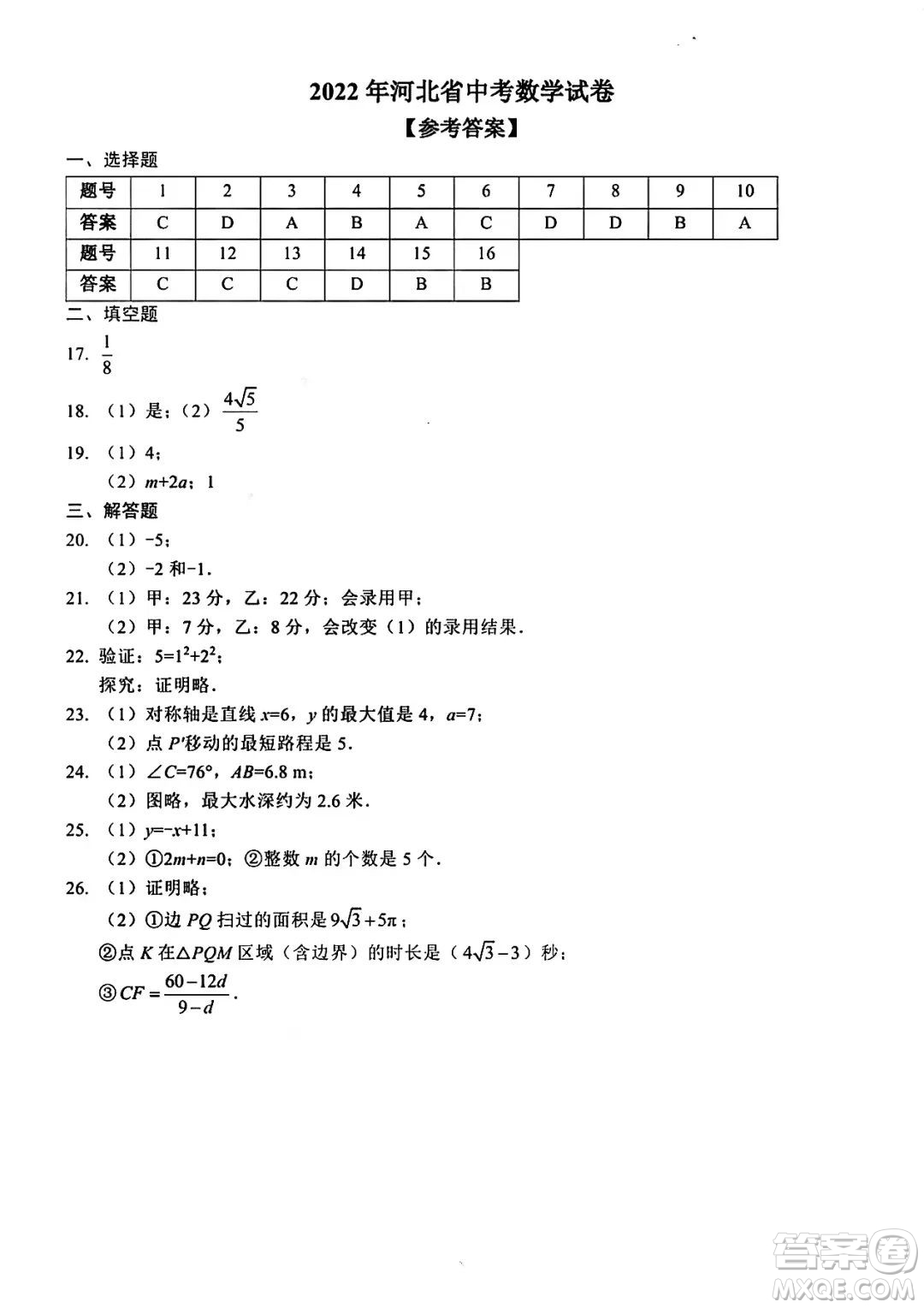 2022年河北省初中畢業(yè)生升學(xué)文化課考試數(shù)學(xué)試卷及答案