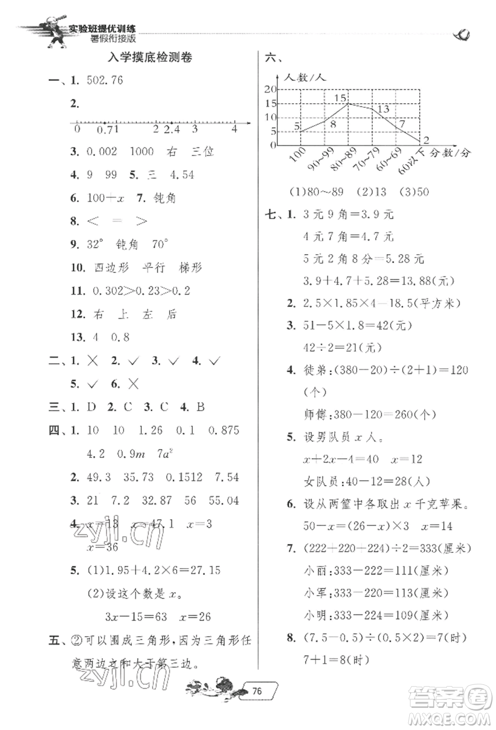 江蘇人民出版社2022實(shí)驗(yàn)班提優(yōu)訓(xùn)練暑假銜接四升五數(shù)學(xué)北師大版參考答案