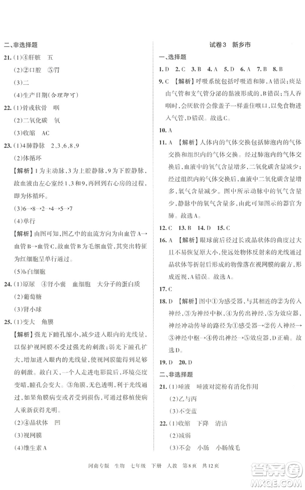 江西人民出版社2022王朝霞各地期末試卷精選七年級(jí)生物下冊(cè)人教版河南專版答案