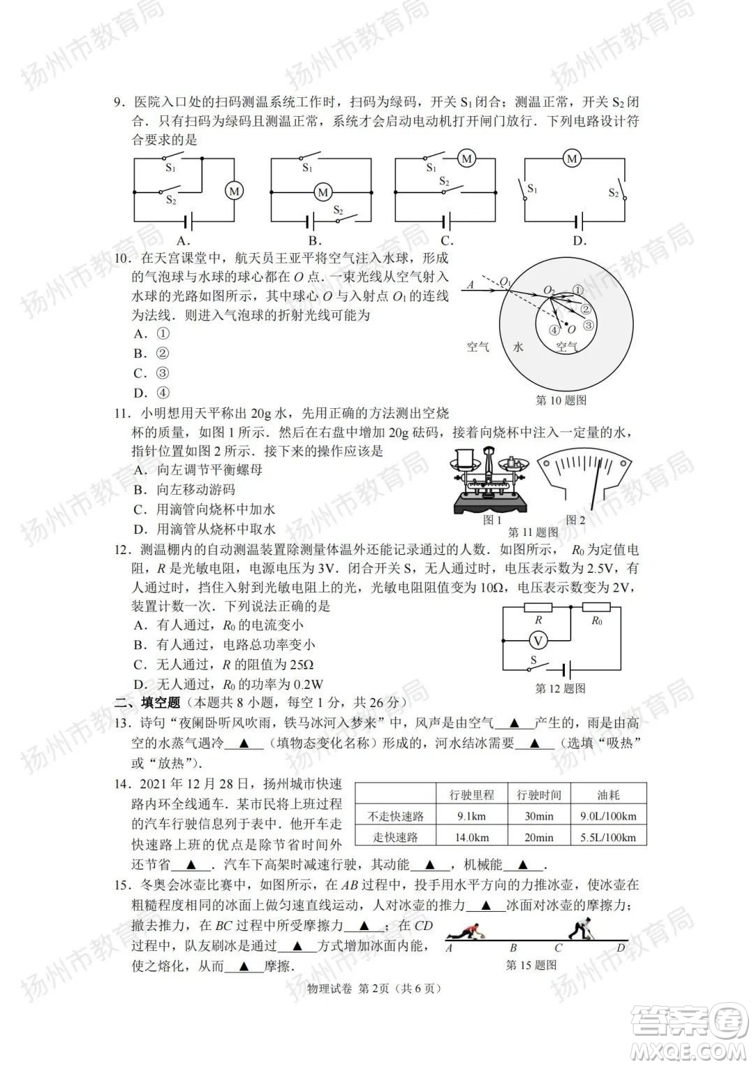 揚(yáng)州市2022年初中畢業(yè)升學(xué)統(tǒng)一考試物理試題及答案