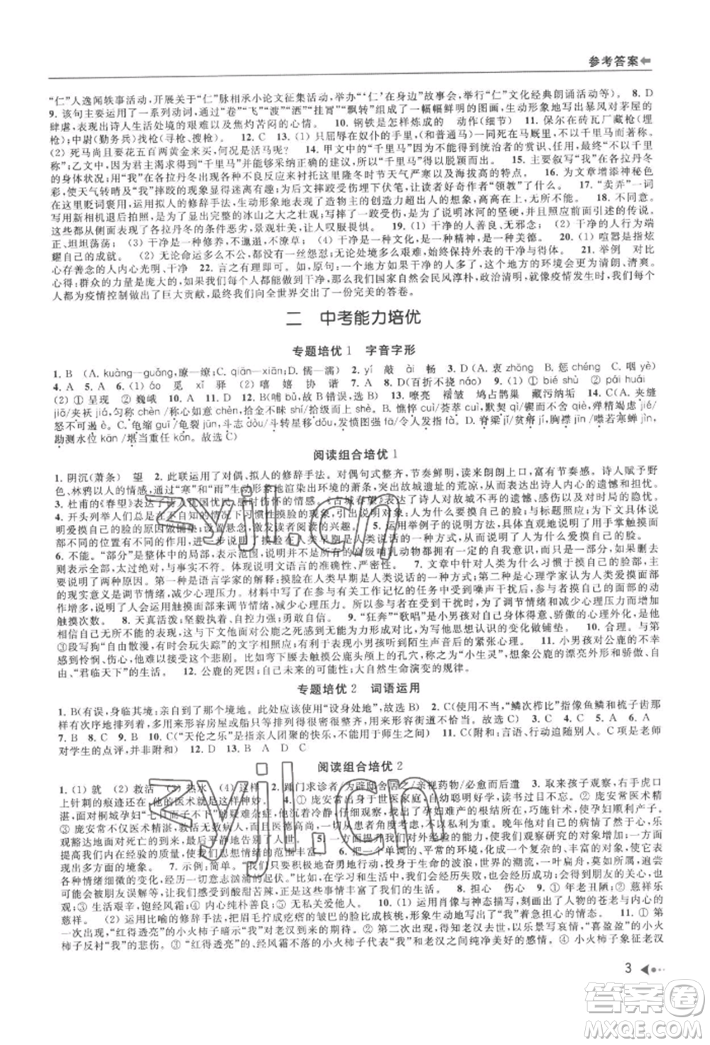 南京出版社2022暑期銜接培優(yōu)集訓(xùn)八升九語(yǔ)文人教版參考答案