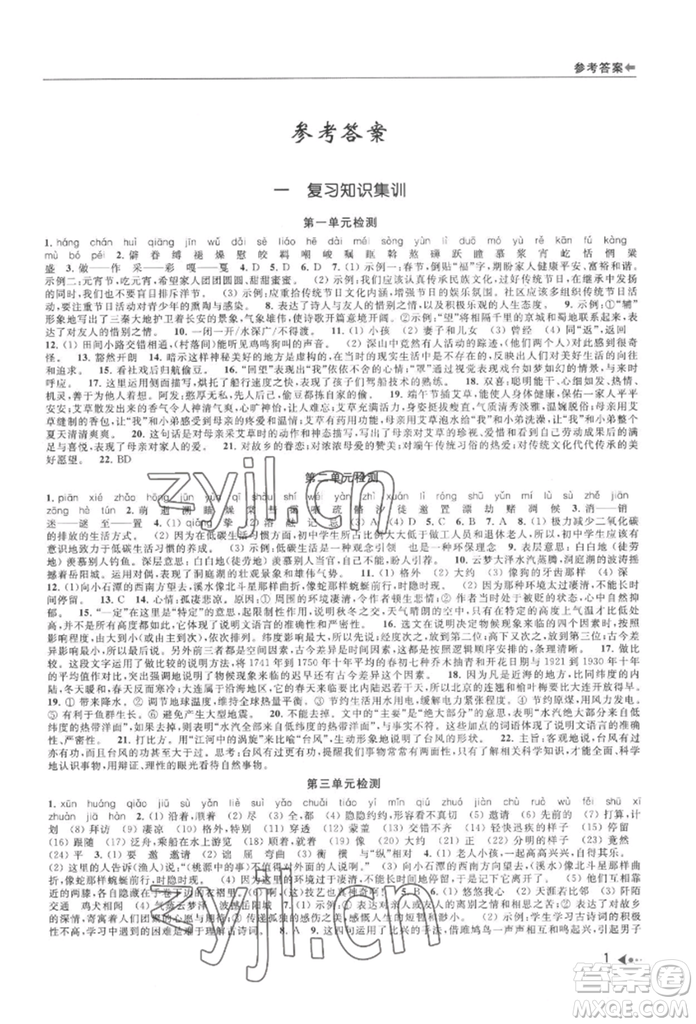 南京出版社2022暑期銜接培優(yōu)集訓(xùn)八升九語(yǔ)文人教版參考答案