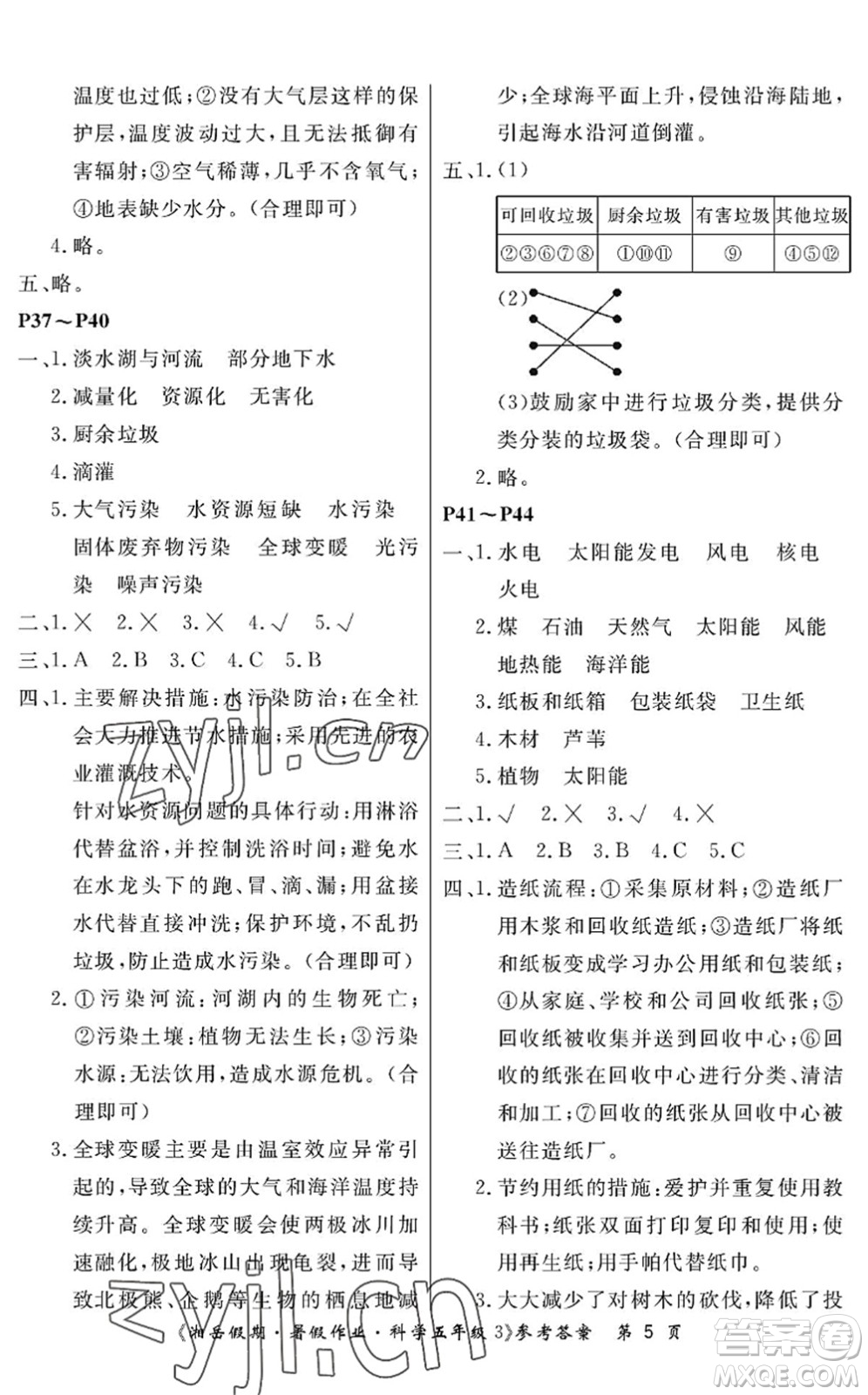 湖南大學(xué)出版社2022湘岳假期暑假作業(yè)五年級科學(xué)教科版答案