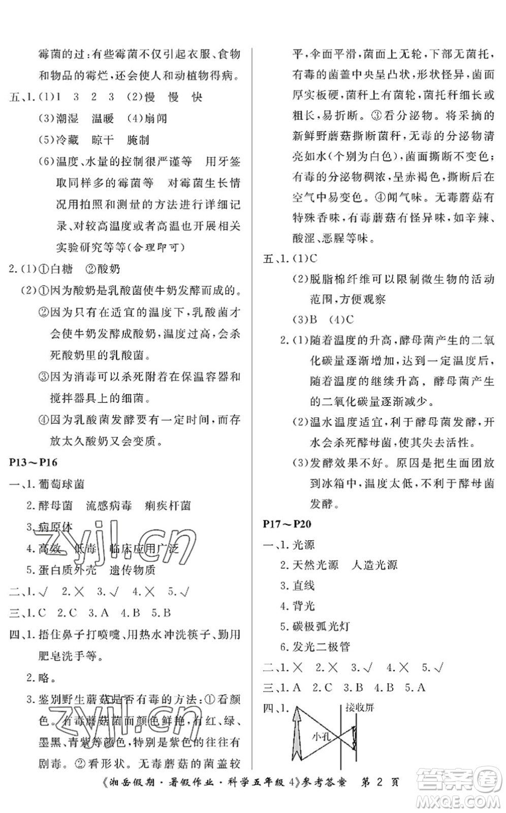 湖南大學(xué)出版社2022湘岳假期暑假作業(yè)五年級(jí)科學(xué)湘科版答案