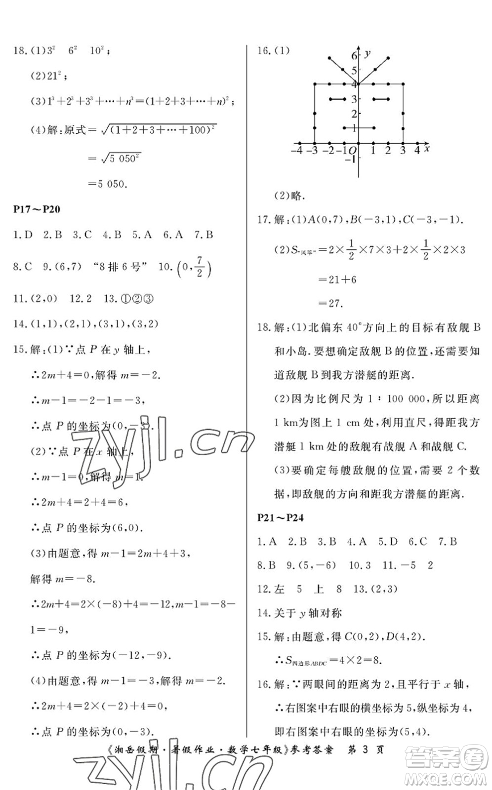 湖南大學(xué)出版社2022湘岳假期暑假作業(yè)七年級數(shù)學(xué)人教版答案