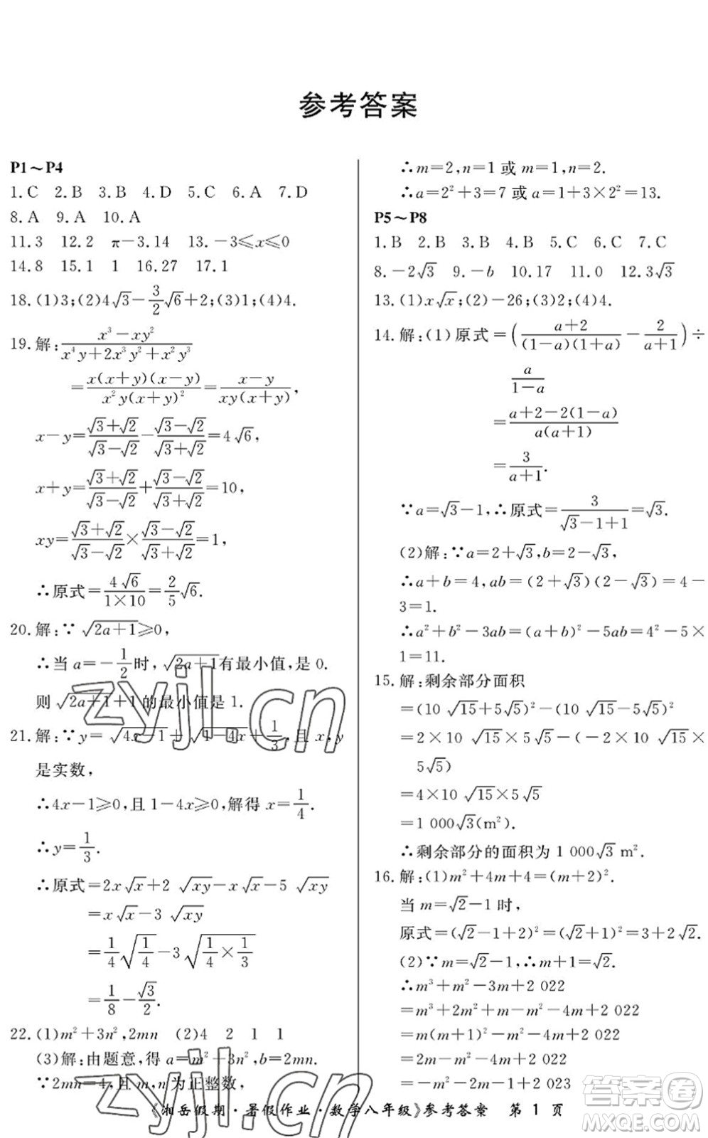 湖南大學(xué)出版社2022湘岳假期暑假作業(yè)八年級數(shù)學(xué)人教版答案