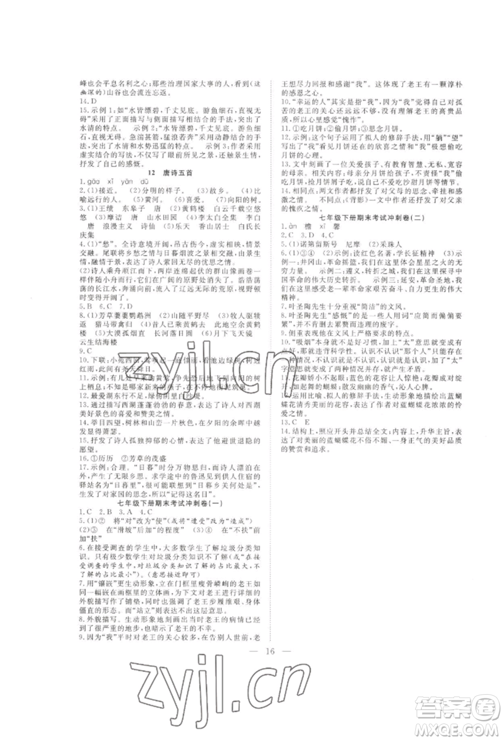 合肥工業(yè)大學(xué)出版社2022假期伴你行暑假復(fù)習(xí)計劃七年級語文通用版參考答案