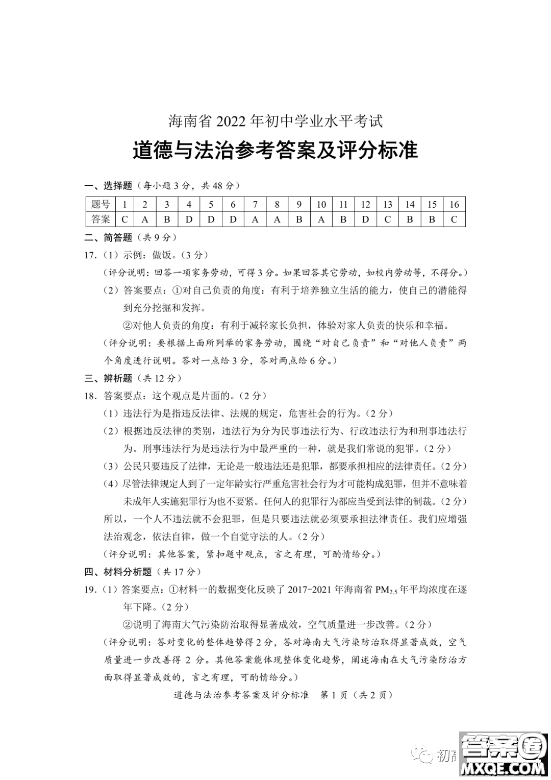 2022年海南省初中學(xué)業(yè)水平考試道德與法治試卷及答案