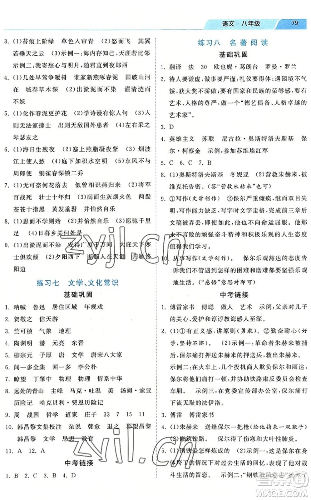 河北美術(shù)出版社2022暑假作業(yè)八年級(jí)語文人教版答案