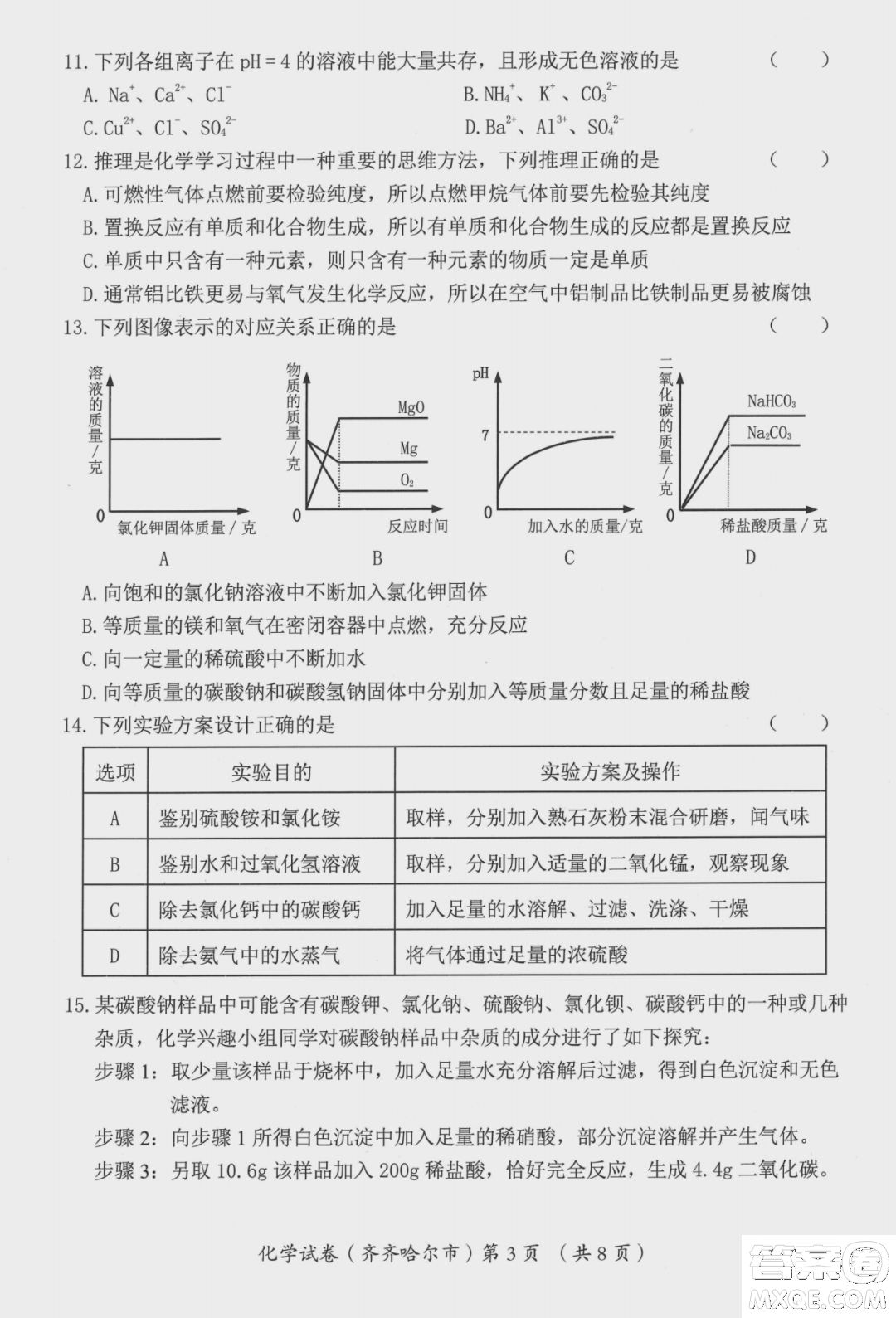 2022年齊齊哈爾市初中學(xué)業(yè)考試化學(xué)試卷及答案