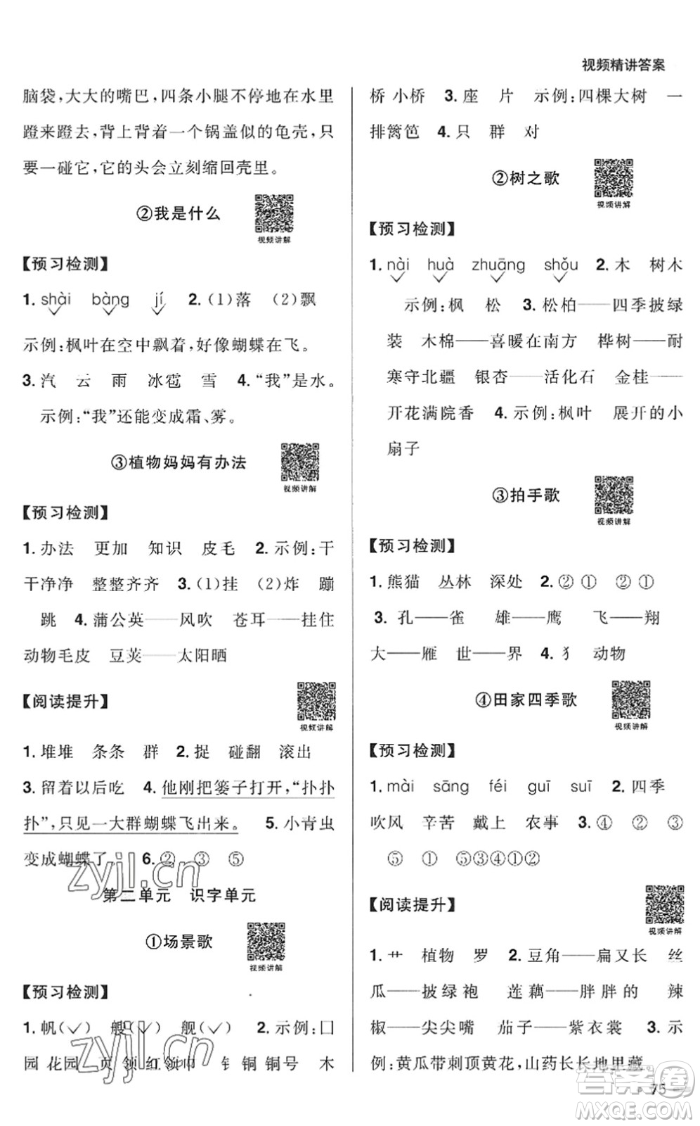 江西教育出版社2022陽光同學(xué)暑假銜接一升二年級(jí)語文RJ人教版答案